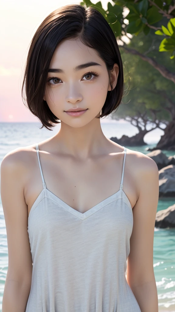 one girl, (12years old:1.4),(Very Young Face), (japan Person famous idol), cute face, ash gray hair:1.5, bob hair, short hair, camera's line of sight, small breasts, An ennui look, (((camisole, dress))) , particles of light, sea of ​​sunset, calm sea, white sand beach, very beautiful sunset, RAW photo, highest quality, High resolution, High resolution, masterpiece:1.3, 8k, 12k, professional photographer,((Extremely precise and accurate anatomy:1.0)),Kind eyes,Graceful pose,(Beauty of form:1.4) Golden ratio, big eye,(nature's providence:1.4),