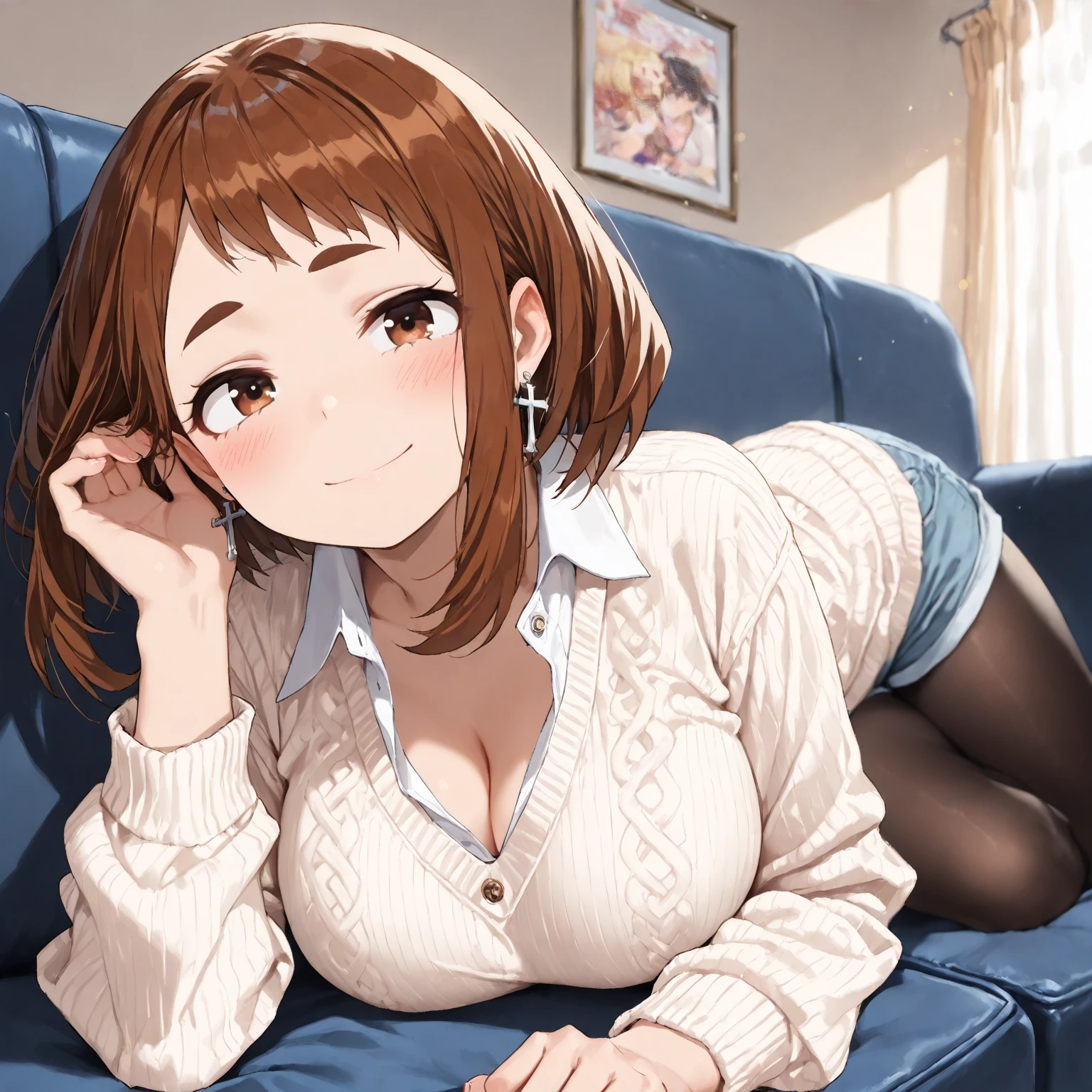 Ochako uraraka, hair tucking, lying, lying on side, very cute face, cute girl, solo, short hair, large breasts, cross Pierced earrings, collared shirt, sweater, shorts, brown tights, blush, flawless smooth skin, looking at viewer, A smile like a goddess, half closed eyes, indoors, living, couch, (best quality,4k,8k,highres,masterpiece:1.2),ultra-detailed,intricate details, high fashion, dramatic lighting, warm colors, chiaroscuro