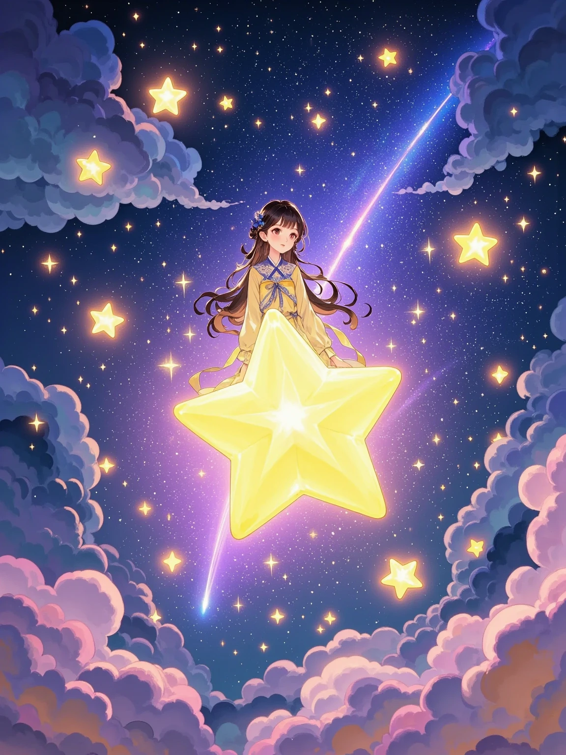  a girl sitting on a huge glowing star ， Soaring in the majestic night sky 。 The stars are bright blue or purple ， Looking around the celestial wonders 。 It's possible 。 The stars radiate a soft, warm glow ，Flying in the wind 。 illuminates the girl and surrounding space ， She wears a beautiful dress 。 Bright eyes ，Full of surprise， The girl has long flowing hair 。 The sky is full of twinkling stars and clouds ， The surface shimmers and shines ， A string of stardust blends with the starlight 。 a girl and the air around the star It's full of magic and adventure， A small meteor or comet flew over ，(((Vector illustration)))