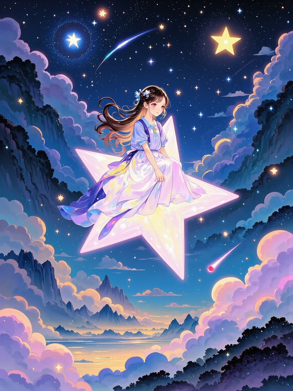  a girl sitting on a huge glowing star ， Soaring in the majestic night sky 。 The stars are bright blue or purple ， Looking around the celestial wonders 。 It's possible 。 The stars radiate a soft, warm glow ，Flying in the wind 。 illuminates the girl and surrounding space ， She wears a beautiful dress 。 Bright eyes ，Full of surprise， The girl has long flowing hair 。 The sky is full of twinkling stars and clouds ， The surface shimmers and shines ， A string of stardust blends with the starlight 。 a girl and the air around the star It's full of magic and adventure， A small meteor or comet flew over ，(((Vector illustration)))