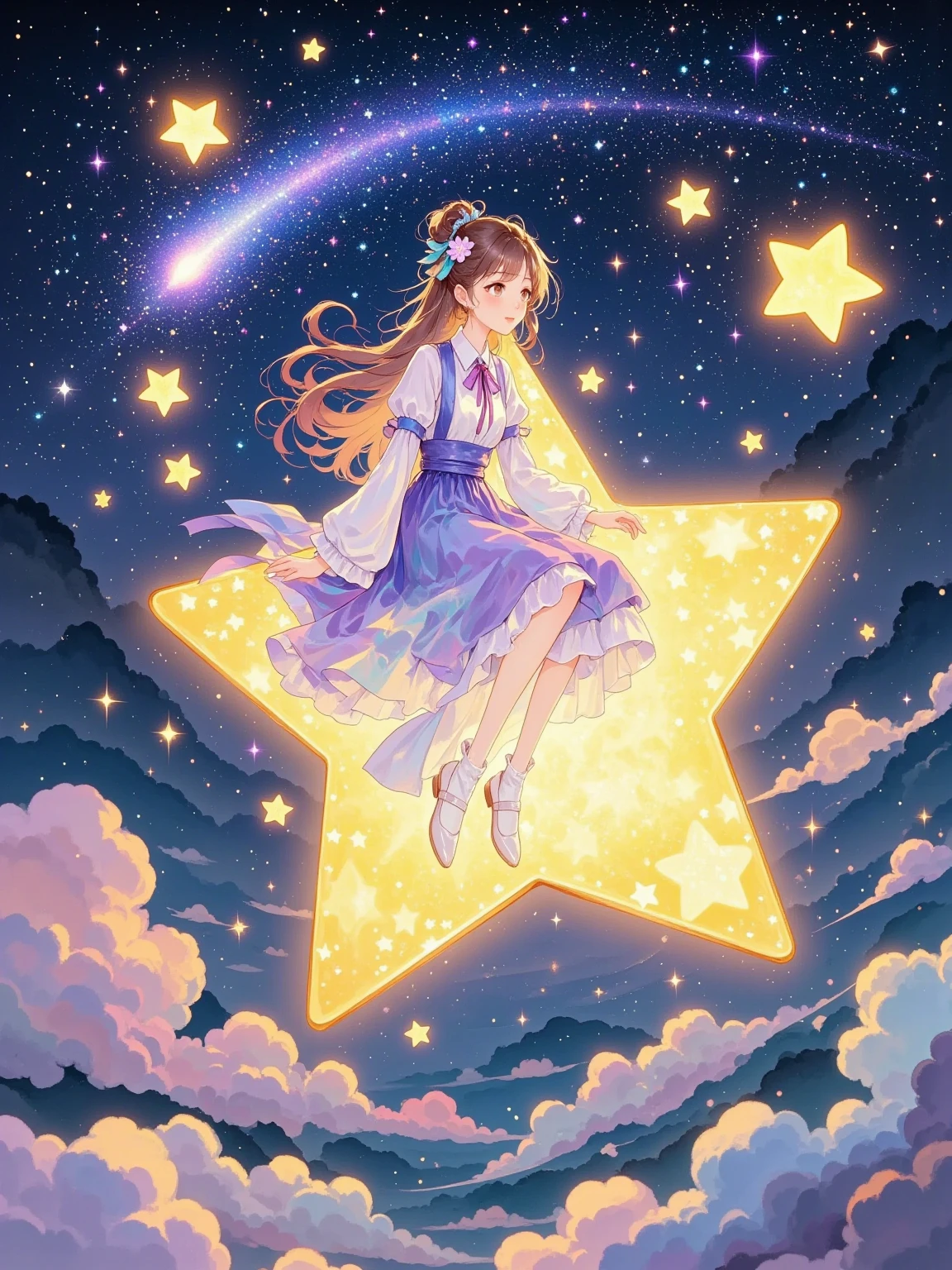  a girl sitting on a huge glowing star ， Soaring in the majestic night sky 。 The stars are bright blue or purple ， Looking around the celestial wonders 。 It's possible 。 The stars radiate a soft, warm glow ，Flying in the wind 。 illuminates the girl and surrounding space ， She wears a beautiful dress 。 Bright eyes ，Full of surprise， The girl has long flowing hair 。 The sky is full of twinkling stars and clouds ， The surface shimmers and shines ， A string of stardust blends with the starlight 。 a girl and the air around the star It's full of magic and adventure， A small meteor or comet flew over ，(((Vector illustration)))