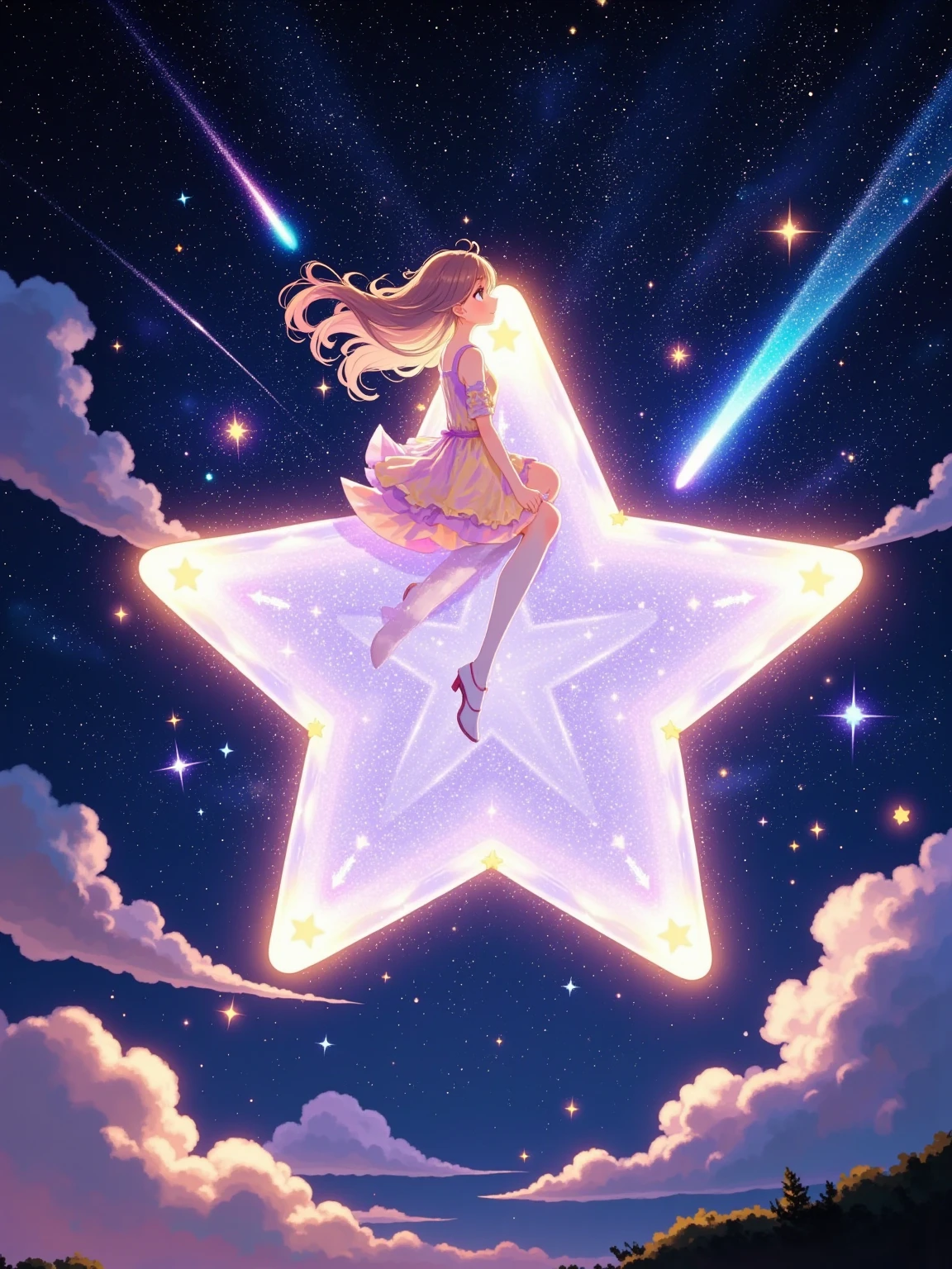 A girl sitting on a large, glowing star, soaring through a magnificent night sky. The star emits a soft, warm light that illuminates the girl and the surrounding space. The sky is filled with a sea of twinkling stars and wispy clouds. The girl has long, flowing hair that billows in the wind. She wears a beautiful dress with colors that blend with the starlight. Her eyes are bright and full of wonder as she looks around at the celestial wonders. The star is a vivid blue or purple hue, with a surface that seems to shimmer and sparkle. It has a trail of stardust behind it as it cuts through the sky. The air around the girl and the star is filled with a sense of magic and adventure. There may be small shooting stars or comets passing by in the distance.