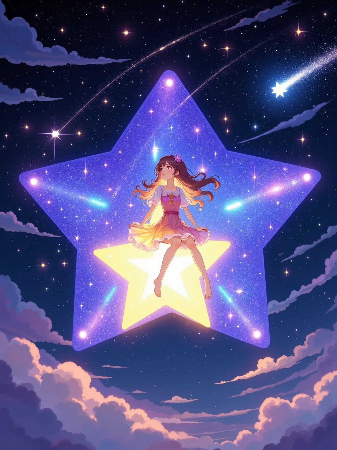 A girl sitting on a large, glowing star, soaring through a magnificent night sky. The star emits a soft, warm light that illuminates the girl and the surrounding space. The sky is filled with a sea of twinkling stars and wispy clouds. The girl has long, flowing hair that billows in the wind. She wears a beautiful dress with colors that blend with the starlight. Her eyes are bright and full of wonder as she looks around at the celestial wonders. The star is a vivid blue or purple hue, with a surface that seems to shimmer and sparkle. It has a trail of stardust behind it as it cuts through the sky. The air around the girl and the star is filled with a sense of magic and adventure. There may be small shooting stars or comets passing by in the distance.