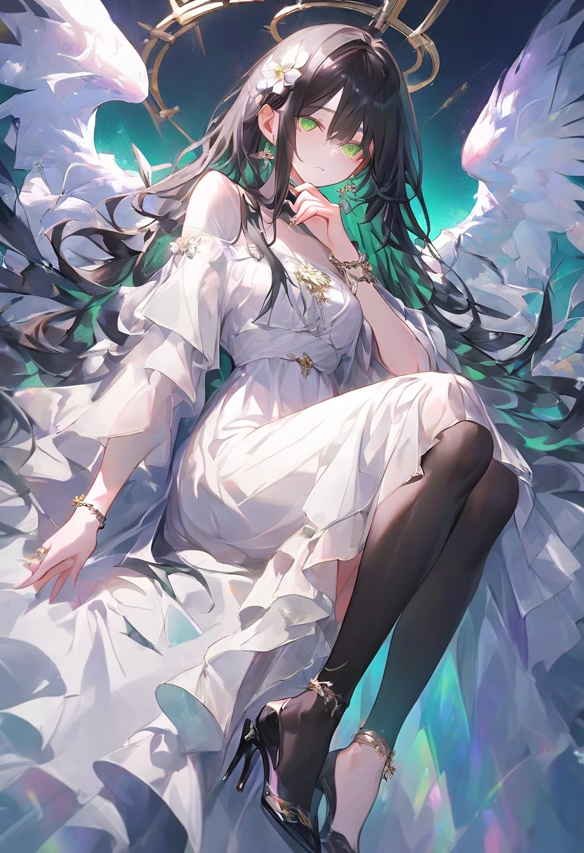 {{masterpiece}}, The best quality of life, 、Dark brown long hair down to the waist、Anime Girls with brown long hair, Cute female anime visuals,Anime full body illustration, Anime Moe Art Style, Anime characters, (Anime Girls)、(Green Eyes）、Expressionless adult woman、Small Necklace、((White background))、Black Bikini、Grey shorts、A light jacket、Green anklet、A woman standing in white sandals、Large Breasts