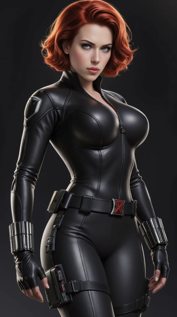 ( masterpiece,  realistic ,  perfect girl,  photograph ,  high resolution and definition ), marvel: Black Widow,  in a sensual and erotic pose ,  tight suit, nice image detail ,  Beautiful legs ,  detailed face , light eyes,  beautiful butt ,  slender and detailed body,  big bosom .  red hair,  long loose hair .  Great detail of the background and environment .  In a random location , exciting(( that the costume is very faithful to that of the comics))