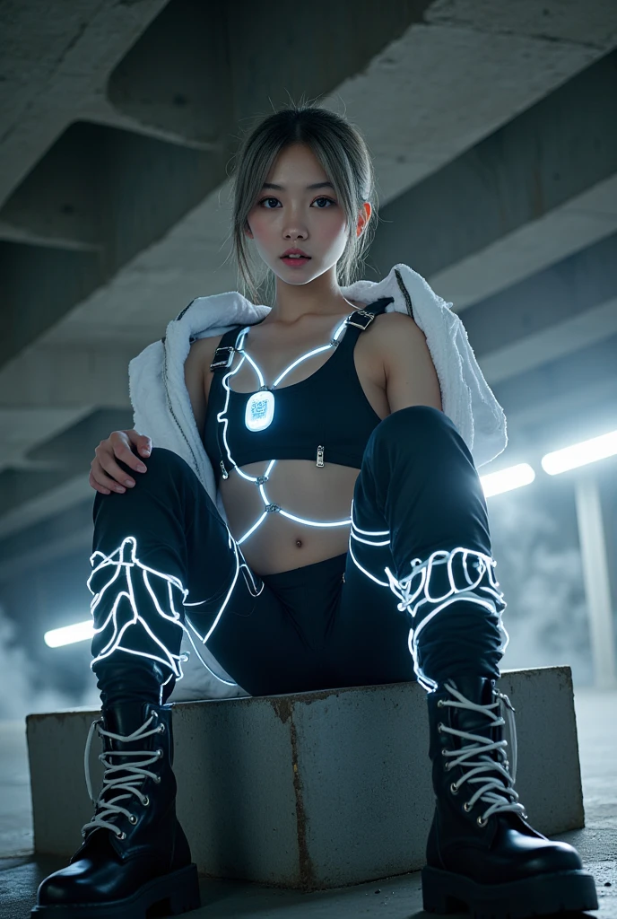 (nsfw:1.2), masterpiece, Best Quality, hyper Realistic, Create an image of a beautiful young Japanese woman embodying futuristic fashion art. 18-years-old, The scene should have the highest quality and realism, sitting, below shot, She has an ultra-slim waist, large firm breasts, a medium-sized buttocks, and beautiful sexy legs, showcasing sculptural beauty. Her skin is white and silky, small head. White Glowing Streetwear with Harness Accents / Craft a striking streetwear ensemble infused with glowing white accents, juxtaposed against black and white tones / Begin with a sleek black bodysuit featuring strategic cutouts and mesh panels for a modern, edgy vibe / Layer over the bodysuit with a cropped white denim jacket embellished with glowing white graffiti-style graphics, adding a pop of color and urban flair / Pair the jacket with high-waisted black cargo pants featuring glowing white contrast stitching and zipper details, exuding utilitarian-chic appeal / Accessorize with a statement glowing white harness worn over the jacket, creating a bold, avant-garde look / Complete the ensemble with chunky black combat boots adorned with glowing white laces, adding an element of ruggedness and street cred / Carry a sleek black crossbody bag with glowing white piping and hardware accents, tying the look together with a touch of cohesion,
hyper small head and face, wide Duck mouth, half open mouth, perfectly aligned teeth, perfect beautiful wide teeth, light blue eyes, half open eyes, shiny Droopy eyes, gray hair, looking other, She is situated within the interior of a futuristic colony, in the deep night, with mist drifting and steam rising from concrete
