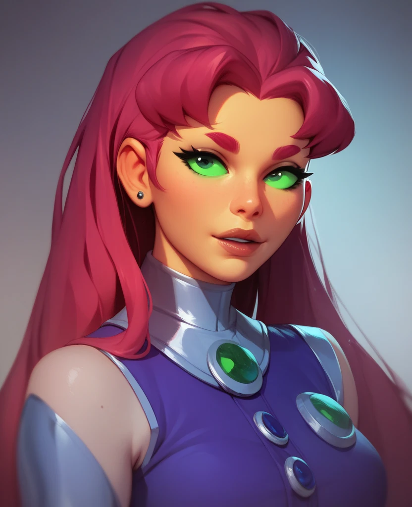 Starfire from the Teen Titans wearing her uniform while standing looks at her master with a submissive look