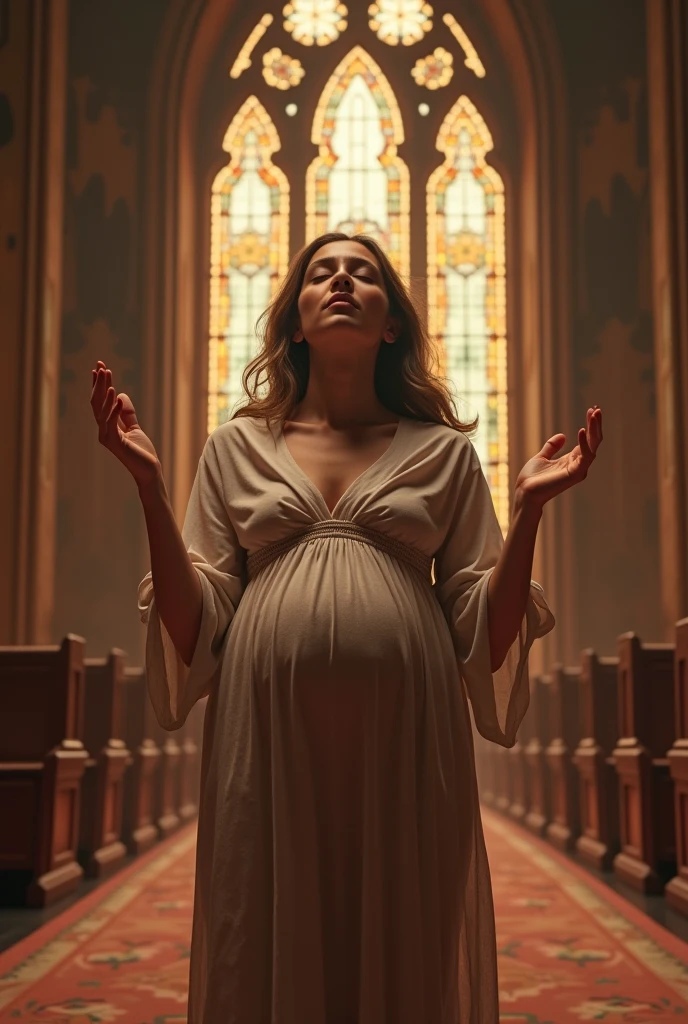 Woman in sensual pose with lingerie, 8 month pregnant body, bountiful breasts, inside a church with candles lit, stained glass windows illuminated by sunbeams, super realista bem detalhado em hd high qualiy, ((best qualityer, Top-notch image quality, high qualiy, Real image in high resolution, detaileds, masterpiece, professional photograpy))