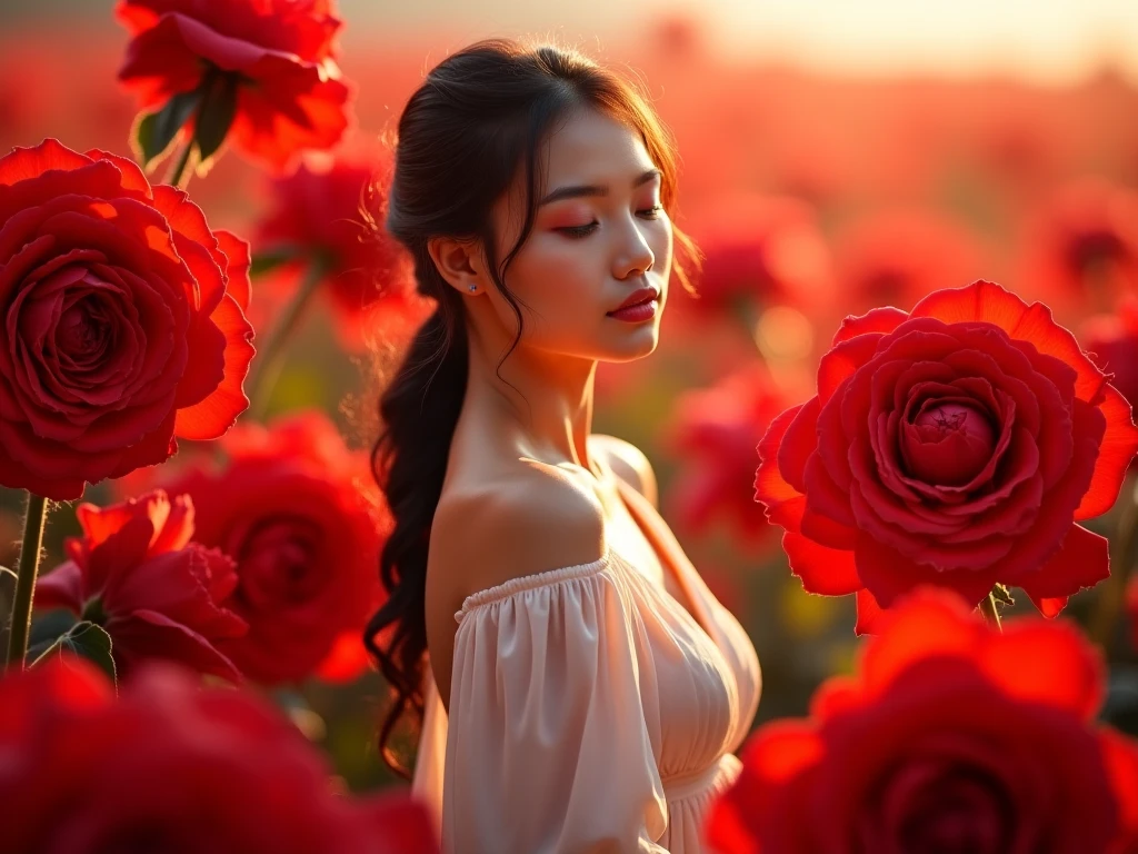 "The second princess is shown in a beautiful garden, holding a rose close to her face. As the petals of the rose brush against her skin, a small cut appears, and a drop of blood falls from it, highlighting her fragility. The garden is filled with vibrant flowers, adding a serene contrast to her injury."