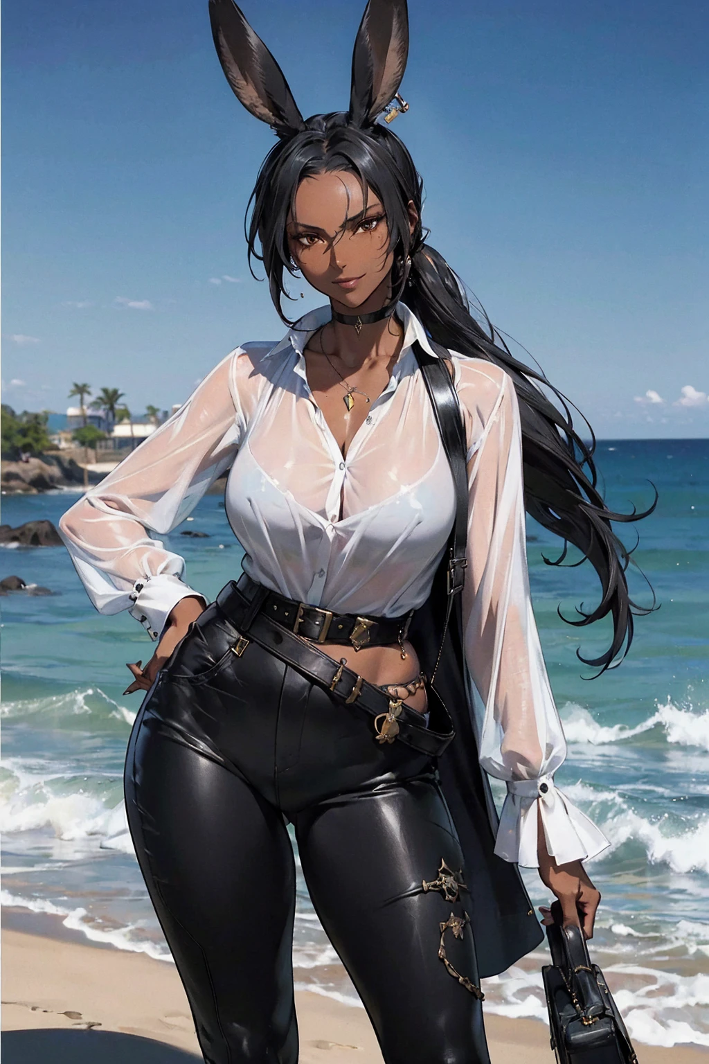 (Masterpiece),  best quality ,  VERY DETAILED faces, ( sharp details ), 4K,  VERY DETAILED, expressive eyes, SHARP detail expressive eyes, (  SHARP DETAIL PERFECT FACE), ((Dark Skin)), ( rabbit ears), (viera), (( black hair)), ( choker )  amber eyes ,  ponytail,  wild tomboy hair,  smiles,  standing, (wearing pirate outfit), 20 years old,  Cleevidge , ((Alone)), Nice hips,  curved,  tall woman, ((sweat)), Outdoors, pirate ship,  ocean , ( Wearing a White Shirt ), (black pirate coat),  black coat ,  thigh high boots, (pirate), ((knowing)), Cutlass, belt, pirate gun in belt, (I'm wearing black tight pants ), Earrings,   jewelry, (female pirate captain), earrings on  rabbit ears, (  full body shot ), (On board),