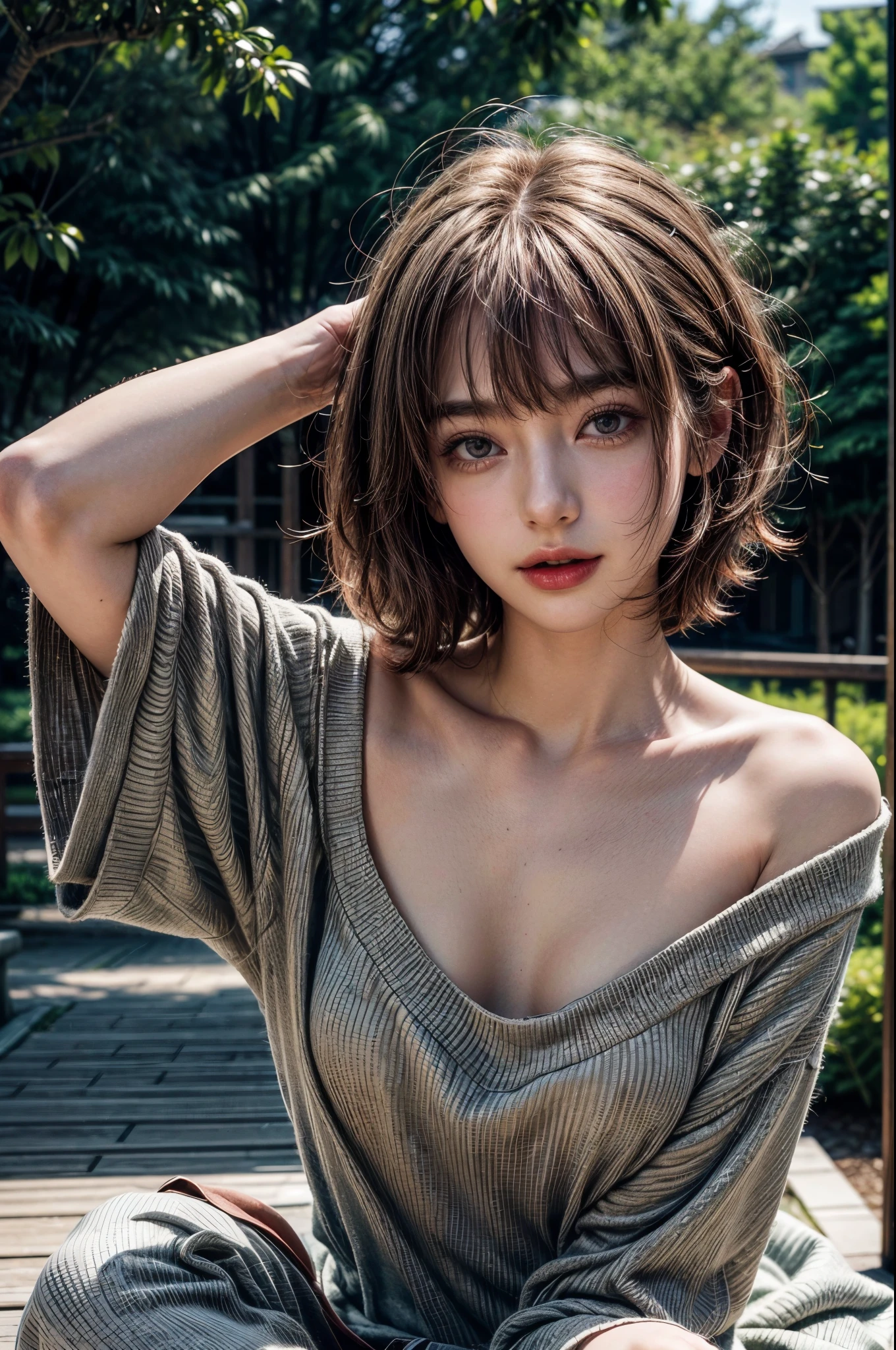 ((Beautiful Face:1.4)), (Purelos Face_v1: 1.0), (Highest quality, 8k, 32K, masterpiece, Ultra-high resolution:1.2),Beautiful Japanese Women Photos, Large Breasts, Very short bob hair,Upper Body,(Extra Large_sweater,:1.0) necklace, Simple Background, Look around,((Natural big breasts:1.0))