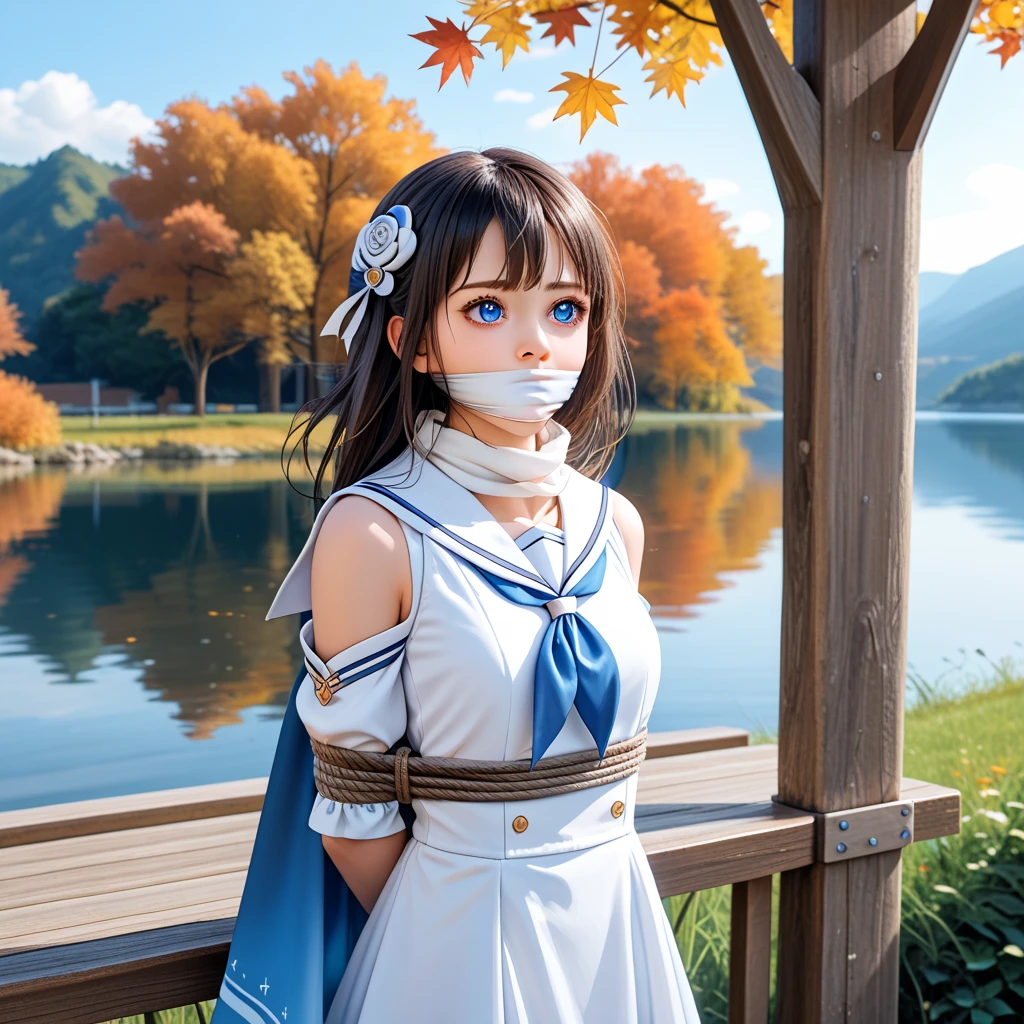 (perfect hands, perfect anatomy), Super detailed,(Highest quality),((masterpiece)),(High resolution), (detailed eyes), (beautifull eyes), (perfect eyes), (extreme details), beautiful scenery, soft light, source_anime, 1girl, loli, Citlali, long hair, blue hair, hair ornament, blue eyes, detached sleeves, black gloves, white dress, hair ornaments, sailor collar, white scarf, scarf, long scarf, blue cape, classroom, detached sleeves,lake, stream, outdoors, autumn, wind, ((arms tied up)), ((Wrists tied behind back)), bondage, white otm gaggged, gagged, otm gag, struggling, panic, struggle, shaking, saliva, sweat, looks away, my POV,