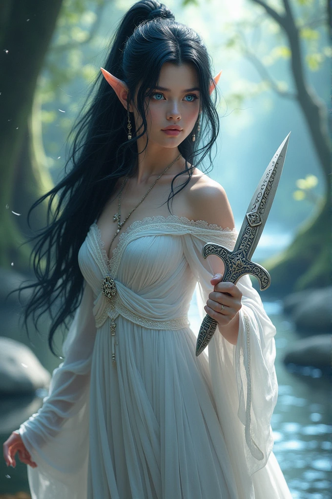 a beautiful anime style SUCUMBUS girl in bridal outfit, full body with only his image being reflected on the sword blade in the midst of a foggy environment