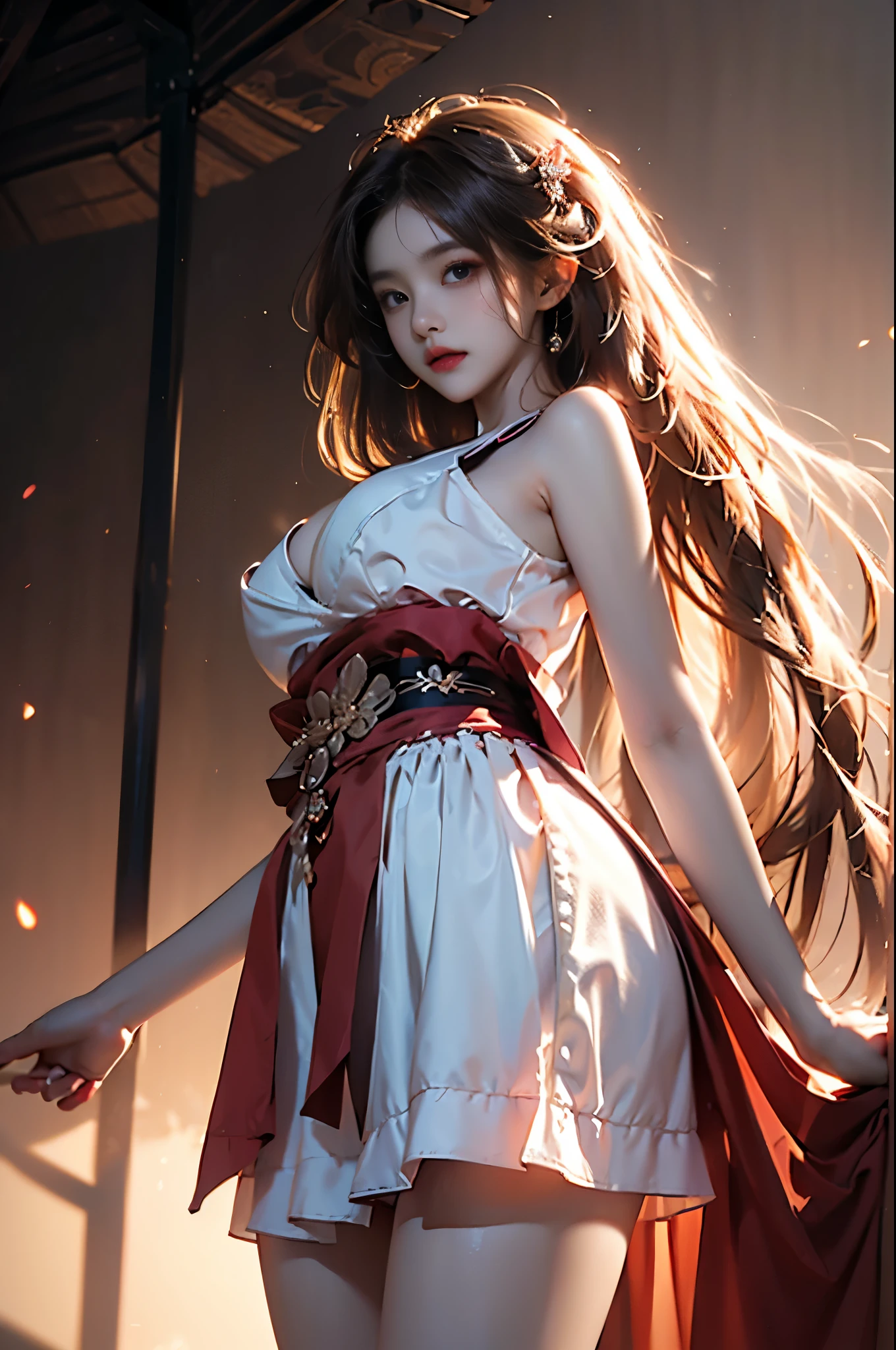 hospital, Nurses' uniform, holding a bloody knife, masterpiece, best quality, high resolution, 1 woman , from below, (매우 얇고 straight legs), (very long legs，straight legs), high heel, Long legs seen from the front, perfect body, with perfect legs, Exquisite eyes，brown eyes，eye shadow，to put on make up，blonde hair， detailed face， detailed eyes， looking at viewer， blusher\（to put on make up\）， plump lips， red lip，（long gray hair：1.3），(headdress:1.1)，headgear，