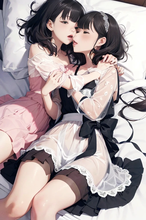 two female couples in their 20s, 2 females, light clothing for both women, during a kiss, romance, glossy atmosphere, glossy look, saliva spills, female (brown long hair, negligee), closing eyes, female (black short hair, legs showing), background (a room, bed), good lighting quality