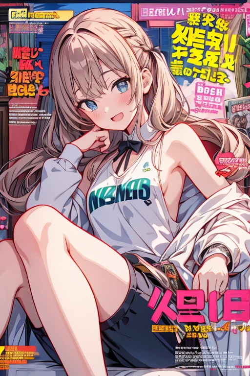 (masterpiece), (best quality), detailed, a otaku girl, soro, twintails, long wavy hair twintails.hairs between eyes,dark green eyes ,dark green hair, smile, masterpiece, best quality, newest, (from below:1.2),(perky chest:1.2), (pointed chest:1.2),(from below:1.2,Best Quality),a girl , platinum color hair、bartender uniform,Purplish blue eyes that dreamers desire, ((Otaku girl)),gloomy, messy hair, hair over eyes, long hair, blushing face,armpits hair, (harf sleeve t-shirt),shorts, sitting on gaming chair, dirty room,playing PC-game,small breasts, skinny,open mouth, (otaku game magazine cover:1.3),(with sparkling eyes and a contagious smile),her thin pubic hair:1.2, looking at viewer