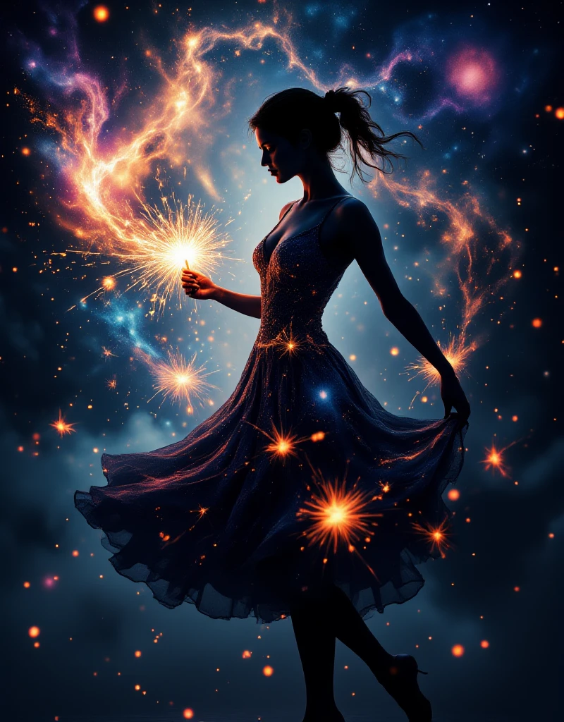 silhouette of a dancing woman ignites the cosmos from a sparkler candle in a multi-exposure style, abstract silhouette against an astrographic backdrop featuring nebulae and galaxies, pearlescent colors dancing in the cosmic void, composition embodying the ideal blend of simplicity and intricacy, digital painting inspired by the artistically bold philosophies of Peter Nottrott, Carmen Herrera, and Knox Martin, stunning surreal masterpiece with ultra fine details, vibrant detailed painting, deep color, fantastical, intricate detail, splash screen, complementary colors, fantasy concept art, 8k resolution trending on Artstation Unreal Engine 5