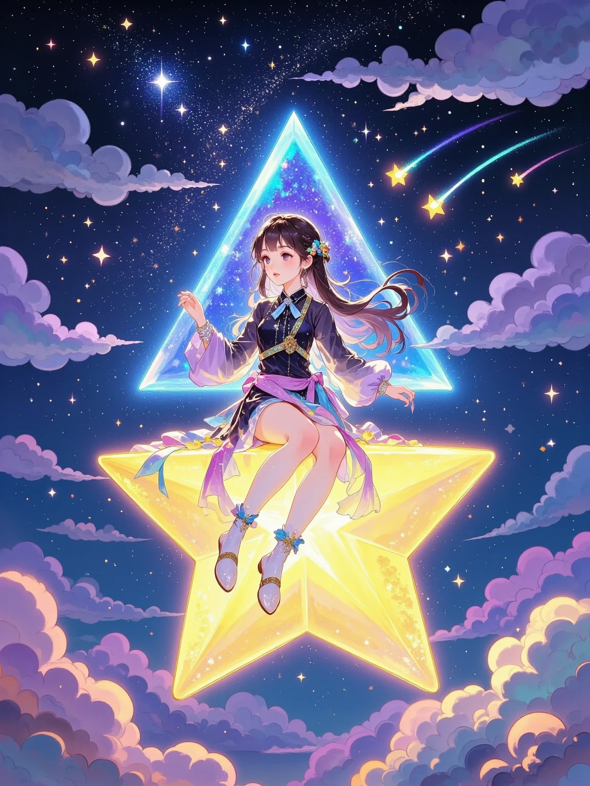 A girl sitting on a large, glowing star, soaring through a magnificent night sky. The star emits a soft, warm light that illuminates the girl and the surrounding space. The sky is filled with a sea of twinkling stars and wispy clouds. The girl has long, flowing hair that billows in the wind. She wears a beautiful dress with colors that blend with the starlight. Her eyes are bright and full of wonder as she looks around at the celestial wonders. The star is a vivid blue or purple hue, with a surface that seems to shimmer and sparkle. It has a trail of stardust behind it as it cuts through the sky. The air around the girl and the star is filled with a sense of magic and adventure. There may be small shooting stars or comets passing by in the distance.