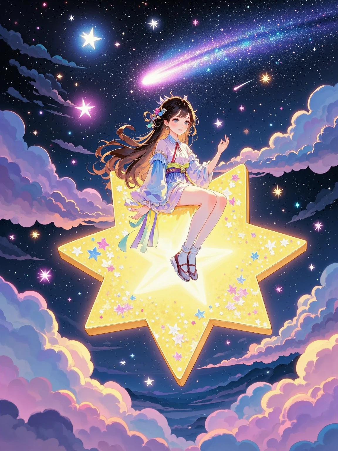 A girl sitting on a large, glowing star, soaring through a magnificent night sky. The star emits a soft, warm light that illuminates the girl and the surrounding space. The sky is filled with a sea of twinkling stars and wispy clouds. The girl has long, flowing hair that billows in the wind. She wears a beautiful dress with colors that blend with the starlight. Her eyes are bright and full of wonder as she looks around at the celestial wonders. The star is a vivid blue or purple hue, with a surface that seems to shimmer and sparkle. It has a trail of stardust behind it as it cuts through the sky. The air around the girl and the star is filled with a sense of magic and adventure. There may be small shooting stars or comets passing by in the distance.