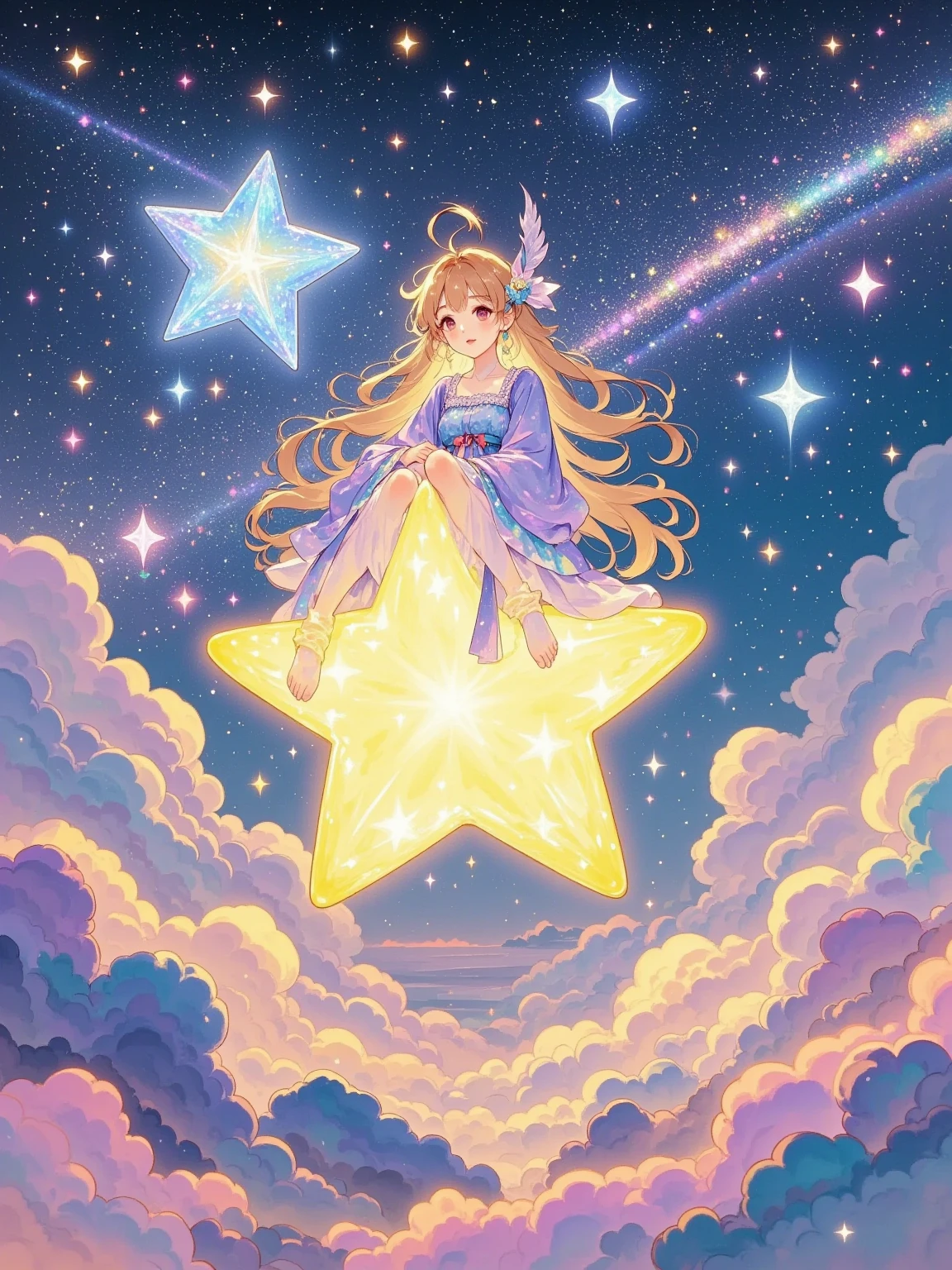 In a softly glowing, pastel-hued sky that resembles a cotton candy dreamscape, countless twinkling stars float like delicate jewels. A sweet and innocent girl, with hair as golden as sunbeams and a flowing dress made of gossamer silk that shimmers with every movement, rides atop a gentle, oversized star. The star emits a warm, milky light, casting a halo around the girl as she holds onto its glimmering horn, her eyes filled with like wonder and anticipation. The surrounding ether is sprinkled with stardust, and in the distance, fairytale castles made of crystal seem to wink at her. High Definition, Soft Focus, Enchanting, Delicate Details, Heartwarming, Picture-Perfect.