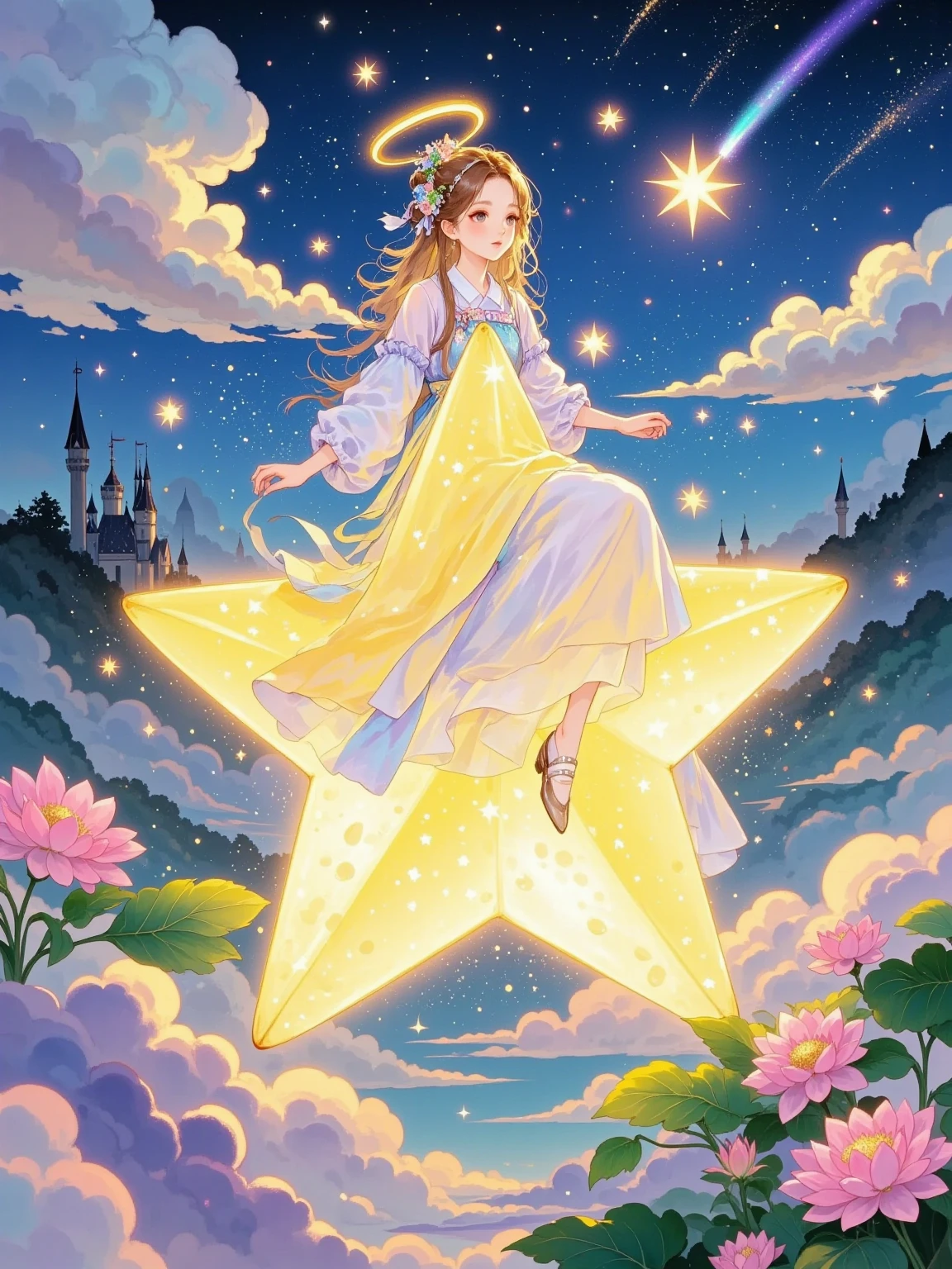 In a softly glowing, pastel-hued sky that resembles a cotton candy dreamscape, countless twinkling stars float like delicate jewels. A sweet and innocent girl, with hair as golden as sunbeams and a flowing dress made of gossamer silk that shimmers with every movement, rides atop a gentle, oversized star. The star emits a warm, milky light, casting a halo around the girl as she holds onto its glimmering horn, her eyes filled with like wonder and anticipation. The surrounding ether is sprinkled with stardust, and in the distance, fairytale castles made of crystal seem to wink at her. High Definition, Soft Focus, Enchanting, Delicate Details, Heartwarming, Picture-Perfect.