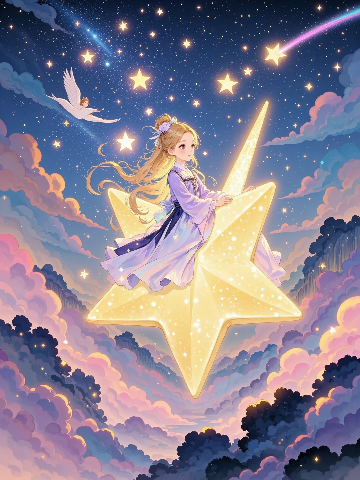 In a softly glowing, pastel-hued sky that resembles a cotton candy dreamscape, countless twinkling stars float like delicate jewels. A sweet and innocent girl, with hair as golden as sunbeams and a flowing dress made of gossamer silk that shimmers with every movement, rides atop a gentle, oversized star. The star emits a warm, milky light, casting a halo around the girl as she holds onto its glimmering horn, her eyes filled with like wonder and anticipation. The surrounding ether is sprinkled with stardust, and in the distance, fairytale castles made of crystal seem to wink at her. High Definition, Soft Focus, Enchanting, Delicate Details, Heartwarming, Picture-Perfect.