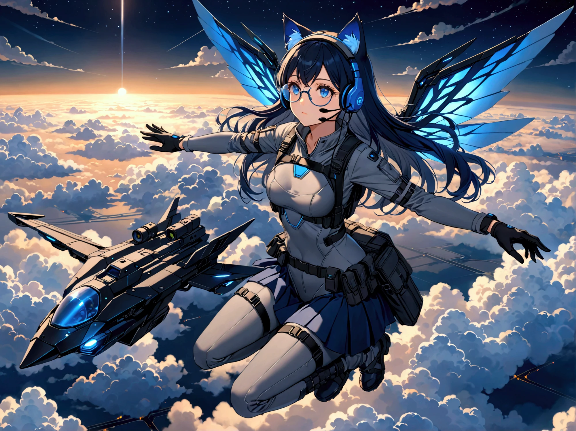 8K Ultra High-Quality, ultra-detailed, High quality, 1 girl, Dark blue long hair, blue eyes, cat ears, glasses, headset, grey tactical clothes, grey bodysuit with blue trimmings, body strap, gloves, dark blue skirt, grey tactical pants over skirt, cyber wings, flying, staring ahead, side view, above the clouds, sky, flying pose, night time
