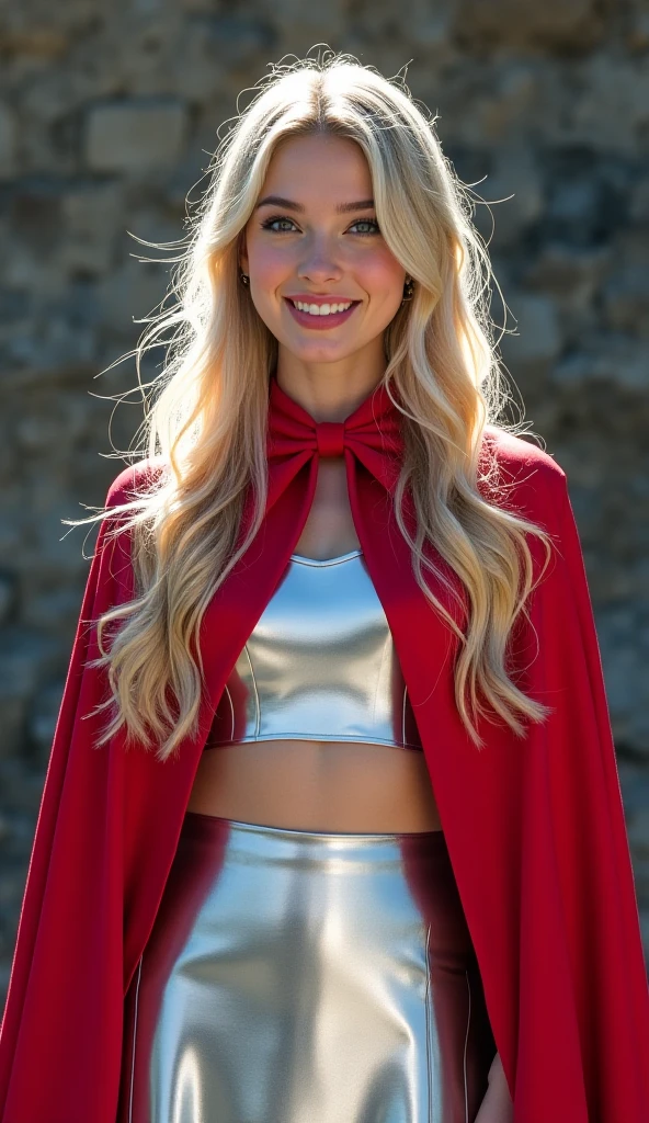 breathtakingly beautiful smiling girl , long blonde hair in ponytail , blue eyes , red lips , naked ,(((long shiny silver and gold lined cape tied at neck:1.20 )))+++ ,  full body , 8K , insane details, lifelike, elegant ,  DSLR ,HDR , film grain