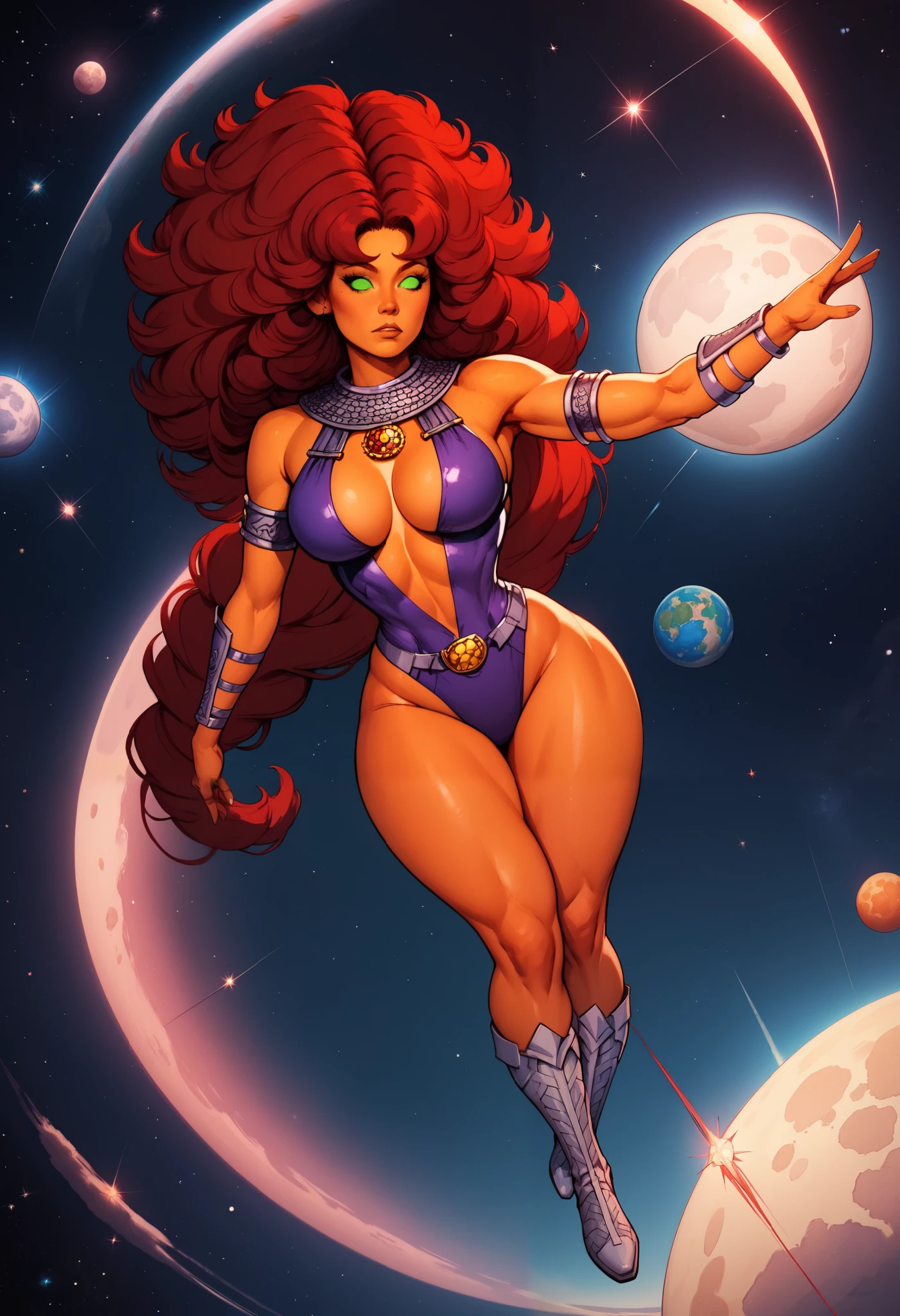 illustration, Absurd resolution, high resolution, (masterpiece: 1.4), hyper-detail, octosoup, 1woman, full body: 1.5, kuna2, curvy, thick thighs, large breasts, wide hips, StarfireDG, leotard, boots, bikini armor, armor, armlet, red hair, orange skin, green eyes, no pupils, purple clothes, flying, space,