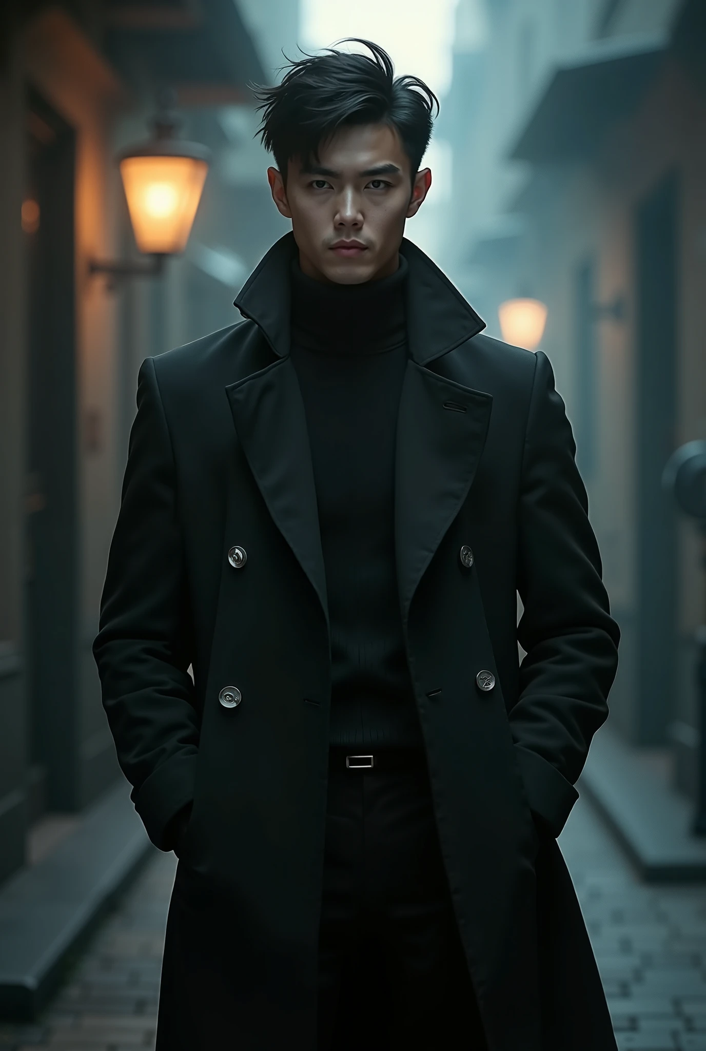 Arafed man in a black coat standing in a dark alley - SeaArt AI