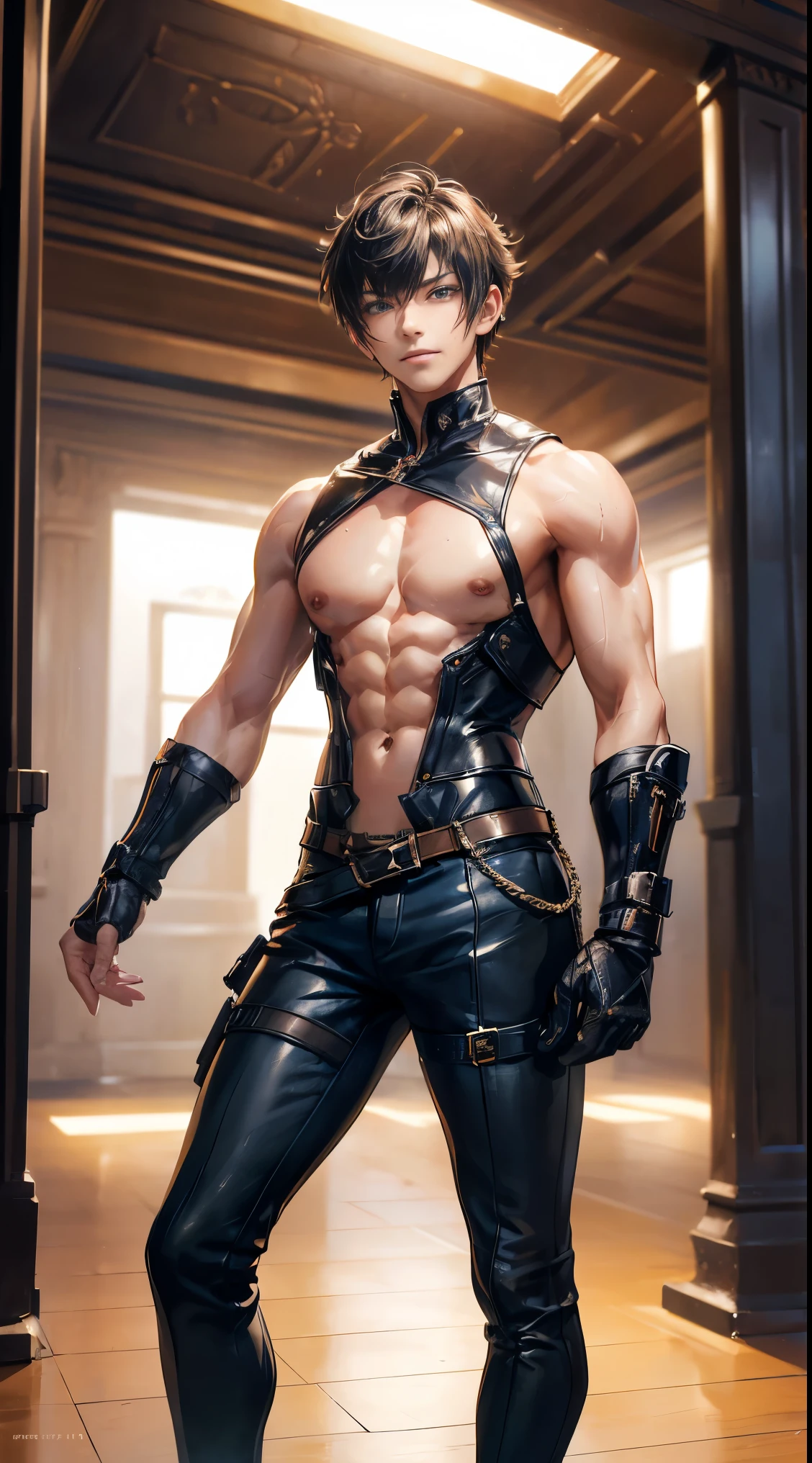 man, masculine, masculine face, attractive, muscular, ((1man)), masterpiece, absurdres, best quality ,intricate details , (shiny skin, shiny body, shiny oily luster skin, shiny hair, pale skintone), Sundown, attractive, ((muscular)), adult, one, tattoo in his chest ,black blouse, earrings, black pants, Don't look at the view , Not looking at the view, red short hair, perfect detailed face, perfect detailed hands, vampire, blue eyes, ((MLS)), medium large shoot