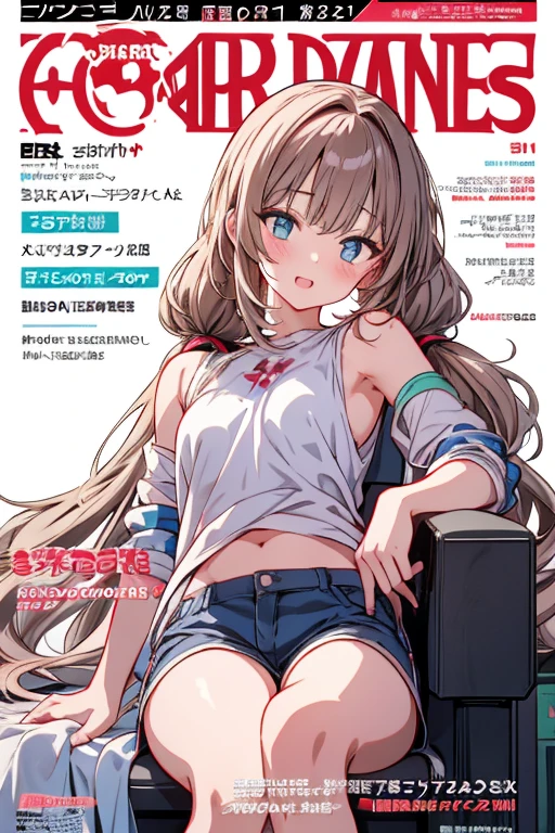 (masterpiece), (best quality), detailed, a otaku girl, soro, twintails, long wavy hair twintails.hairs between eyes,dark green eyes ,dark green hair, smile, masterpiece, best quality, newest, (from below:1.2),(perky chest:1.2), (pointed chest:1.2),(from below:1.2,Best Quality),a girl , platinum color hair、bartender uniform,Purplish blue eyes that dreamers desire, ((Otaku girl)),gloomy, messy hair, hair over eyes, long hair, blushing face,armpits hair, (harf sleeve t-shirt),shorts, sitting on gaming chair, dirty room,playing PC-game,small breasts, skinny,open mouth, (otaku game magazine cover:1.3),(with sparkling eyes and a contagious smile),her thin pubic hair:1.2, looking at viewer