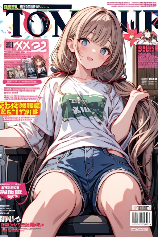 (masterpiece), (best quality), detailed, a otaku girl, soro, twintails, long wavy hair twintails.hairs between eyes,dark green eyes ,dark green hair, smile, masterpiece, best quality, newest, (from below:1.2),(perky chest:1.2), (pointed chest:1.2),(from below:1.2,Best Quality),a girl , platinum color hair、bartender uniform,Purplish blue eyes that dreamers desire, ((Otaku girl)),gloomy, messy hair, hair over eyes, long hair, blushing face,armpits hair, (harf sleeve t-shirt),shorts, sitting on gaming chair, dirty room,playing PC-game,small breasts, skinny,open mouth, (otaku game magazine cover:1.3),(with sparkling eyes and a contagious smile),her thin pubic hair:1.2, looking at viewer