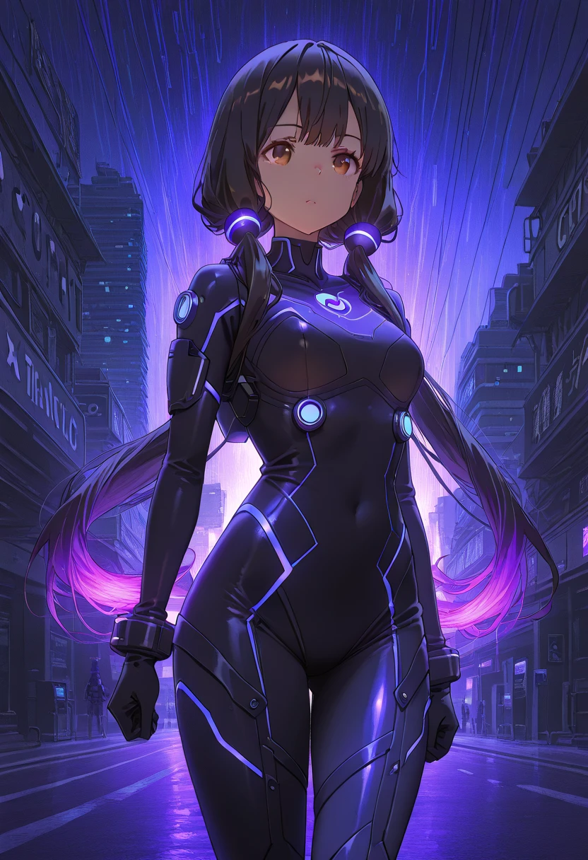 Masterpiece, best quality, (very detailed CG unity 8k wallpaper) (best quality), (best illustration), (best shadows) black hair, brown eyes, high tech suit, body suit, leotard, tight, glowing purple lines, sci-fi suit, very long twin tails, standing on the street, sci-fi city,