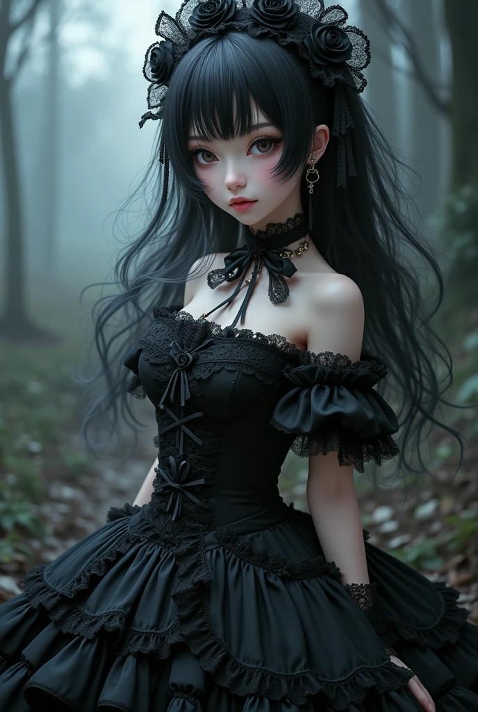 Make a demon slayer style character She is a puppet,then make her with joints in the shoulders and necks She has black hair and purple eyes She wears a kinomo,lolita style