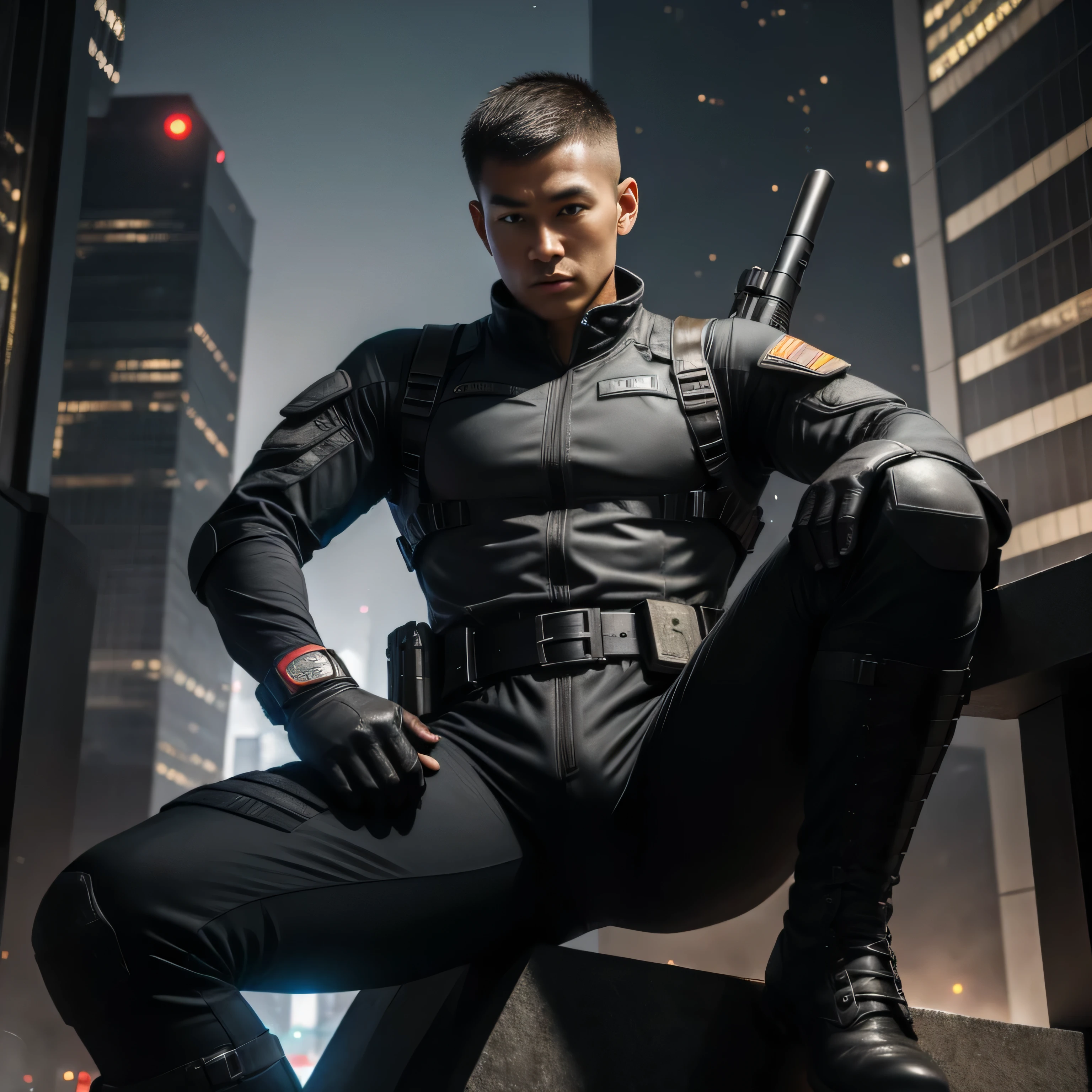 Age 30, One Man,、Gray bodysuit、、Shocker Belt、 black gloves、 black boots 、 with a pistol on your waist 、Skyscrapers at night、In combat、 sniper 、Explosions and explosions all around sit on the tree with your legs spread out。logic,Gay 。 very short hair and even shorter hair 、Heroic Soldier Asian Face view from below upper body close-up Menacing look