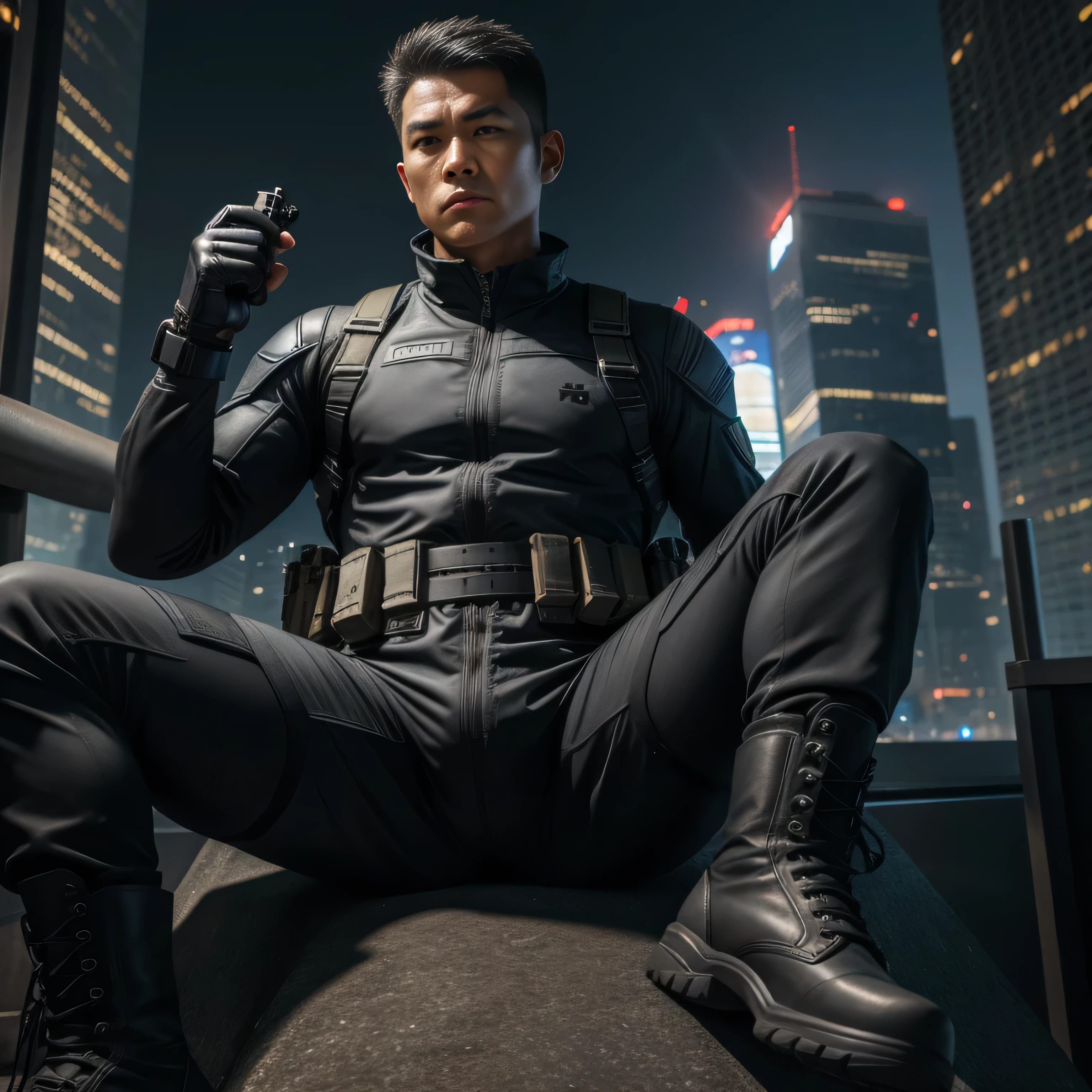 Age 30, One Man,、Gray bodysuit、、Shocker Belt、 black gloves、 black boots 、 with a pistol on your waist 、Skyscrapers at night、In combat、 sniper 、Explosions and explosions all around sit on the tree with your legs spread out。logic,Gay 。 very short hair and even shorter hair 、Heroic Soldier Asian Face view from below upper body close-up Menacing look