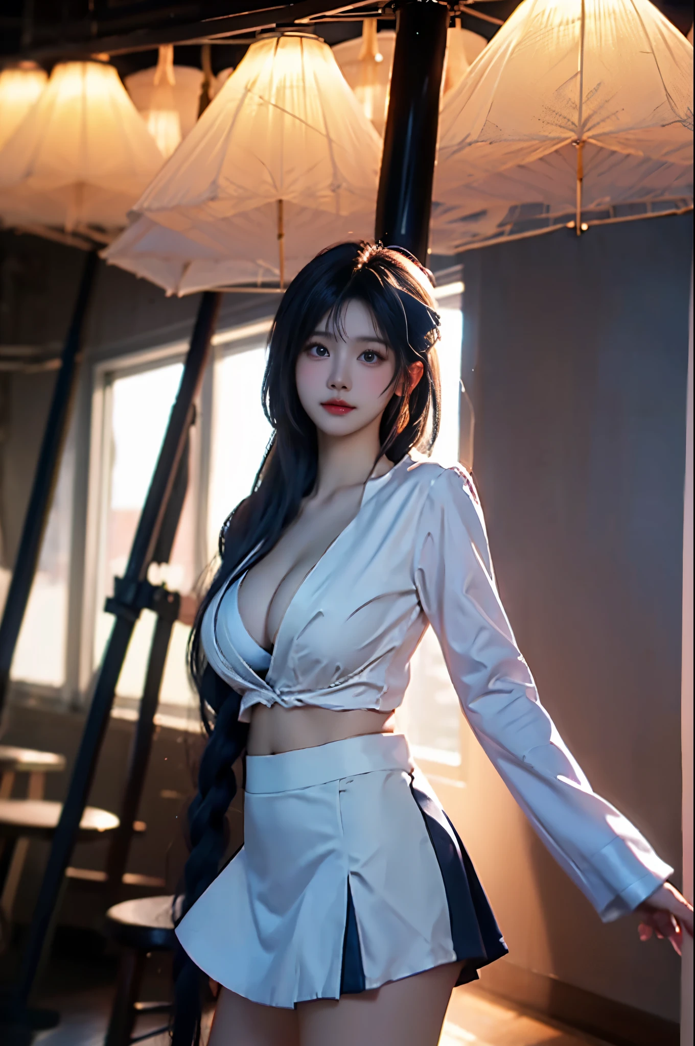 Raiden_Ei ((Portrait-oriented, focusing on the subject's body above the calves)), (from below:1.2), (Full chest, deep V-neck, visible cleavage), (I-type Valley), (Very short hemline, revealing smooth thighs), Realistic beautiful woman, sexy long-legged model, standing gracefully with elegance. while one hand elegantly lifts the hem of her skirt up to her thigh. soft natural makeup, and her hair flows beautifully in the gentle breeze. Photorealistic lighting and shadows, high detail, 4K resolution.