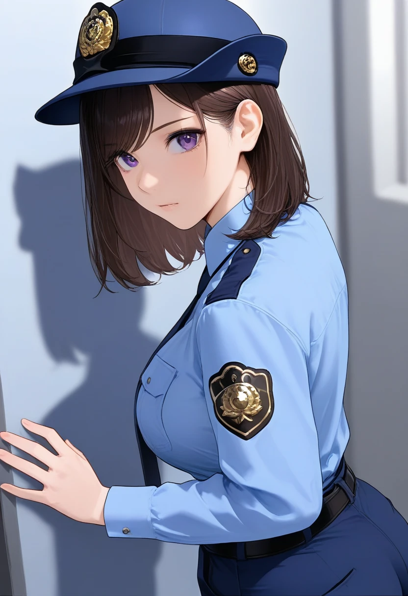 best quality,masterpiece,large breasts,purple eyes,dark brown hair,light blue shirt,blue pants,1girl,police hat,,breast pocket,swept bangs,medium hair,long sleeves,from behind.tall