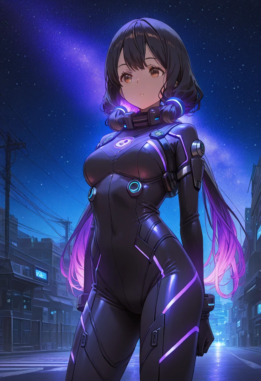 Masterpiece, best quality, (very detailed CG unity 8k wallpaper) (best quality), (best illustration), (best shadows) black hair, brown eyes, high tech suit, body suit, leotard, tight, glowing purple lines, sci-fi suit, very long twin tails, standing on the street, sci-fi city, starry night sky, 