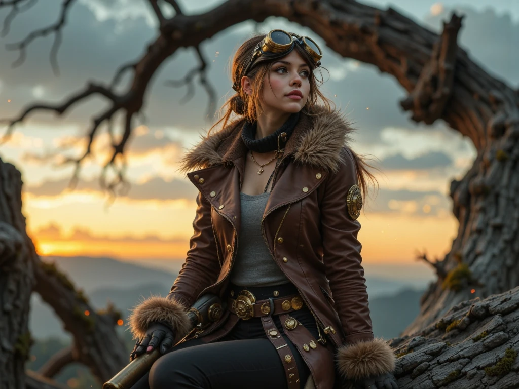 "A daring steampunk girl stands on a fallen tree, her aviator goggles reflecting the glint of the setting sun. Her leather jacket, lined with brass studs and fur, flutters slightly in the breeze. She grips a small telescope with her gloved hands, scanning the horizon. Around her, moss, fungi, and tiny glowing fireflies enhance the scene’s magical realism. The macro perspective emphasizes the detailed stitching of her outfit and the weathered texture of the bark, immersing the viewer in her adventurous world."

