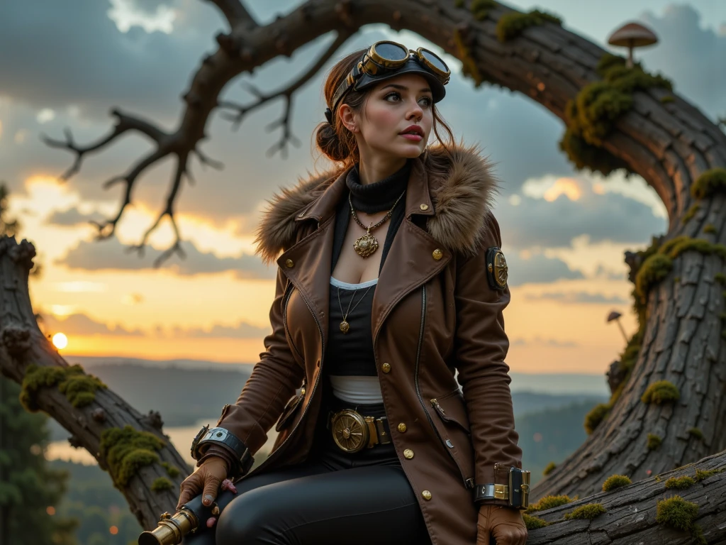 "A daring steampunk girl stands on a fallen tree, her aviator goggles reflecting the glint of the setting sun. Her leather jacket, lined with brass studs and fur, flutters slightly in the breeze. She grips a small telescope with her gloved hands, scanning the horizon. Around her, moss, fungi, and tiny glowing fireflies enhance the scene’s magical realism. The macro perspective emphasizes the detailed stitching of her outfit and the weathered texture of the bark, immersing the viewer in her adventurous world."

