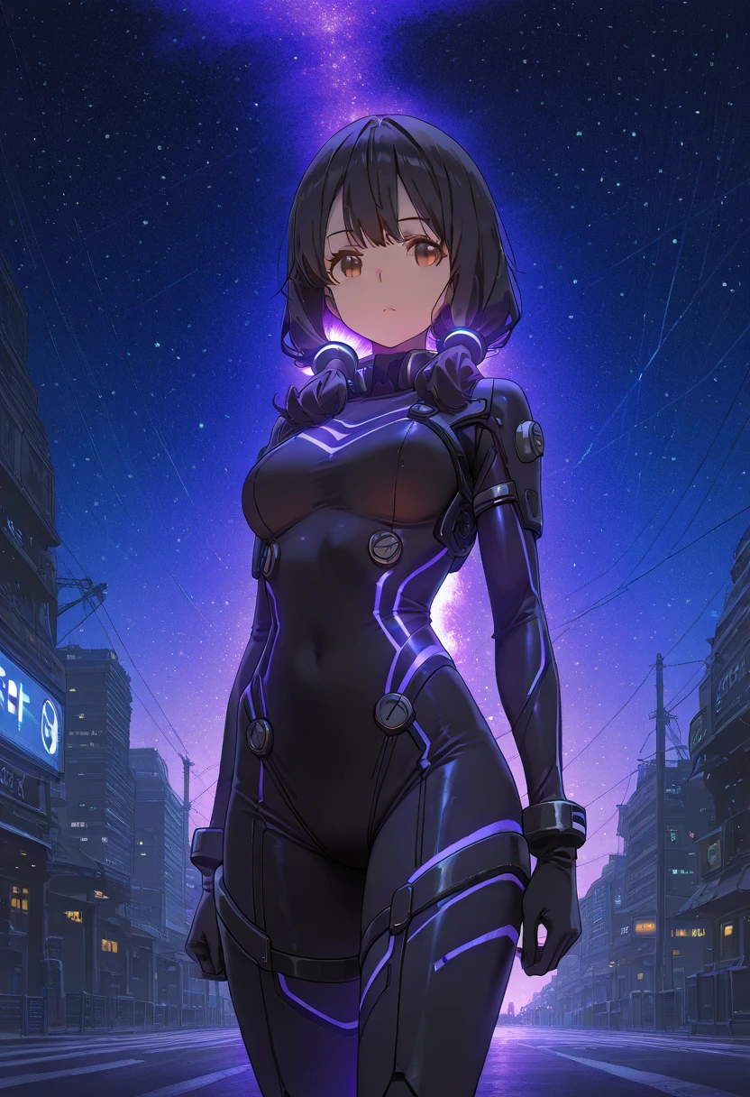 Masterpiece, best quality, (very detailed CG unity 8k wallpaper) (best quality), (best illustration), (best shadows) black hair, brown eyes, high tech suit, body suit, leotard, tight, glowing purple lines, sci-fi suit, very long twin tails, standing on the street, sci-fi city, starry night sky, 