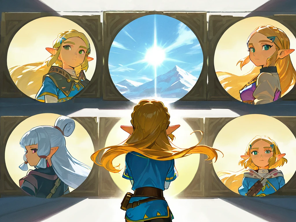 Princess Zelda, and his company goes to snow mountain, rear view, hyrule field, (multiple shot), {Rulax}, {Hyrule army}, {Impa, Legend of zelda}