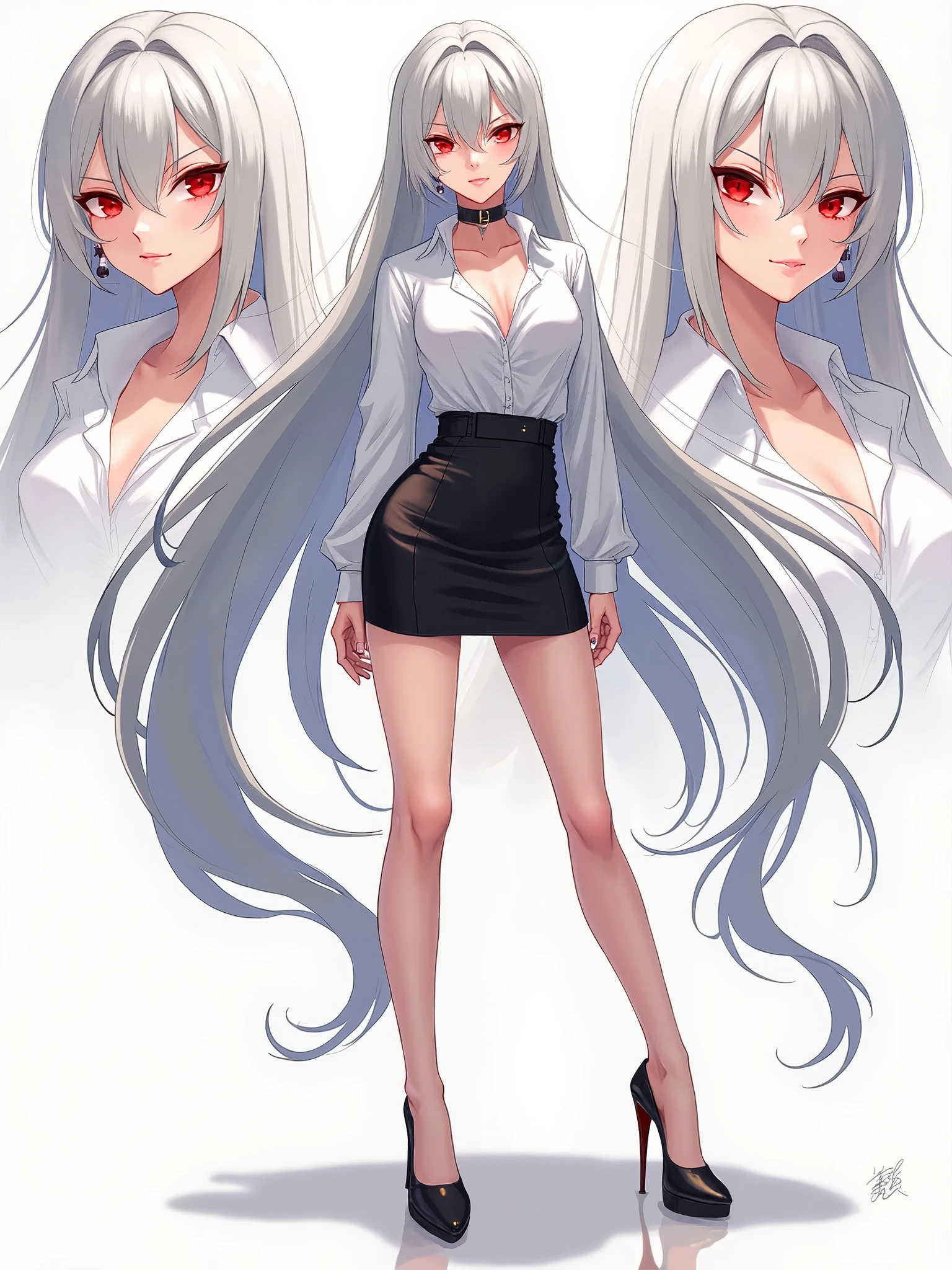 Kizi, By bangs, exposed bare shoulders, Black pantsuit, nedium breasts, Breasts squeezed together, greybackground, hair between eye,, long whitr hair, View viewer, trouser, parted lip, red eyes, The shirt, simplebackground, 无袖, sleeveless shirts, 独奏, high-necksweater, V臂, whaite hair,(Shiny skin),(tmasterpiece:1.4),(best qualtiy:1.4),,,Facigirl,Redlip,nabel,(:1.5),(Clear areola), ,immensity,