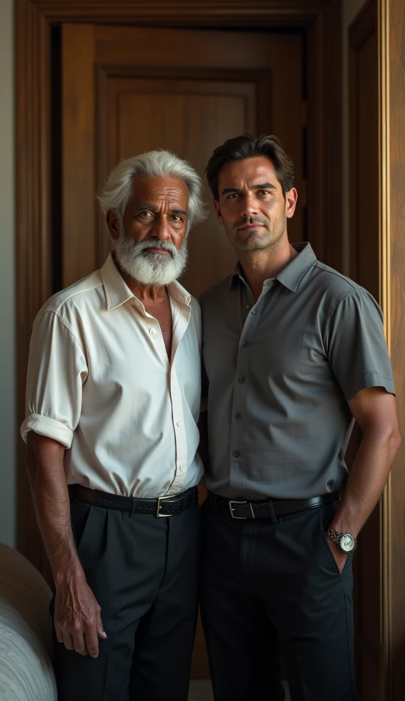 A mature gray-haired bearded man coming out of the pool completely naked frontal showing hiember in front surprising his son-in-law with features of Louis Garrel latino  dressed in pajamas scared by scene