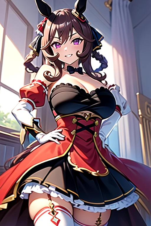 gentildonna,umamusume,1girl, animal ears, solo, purple eyes, horse tail,large breasts,,light smile,best quality,bare shoulders, white gloves, black belt on the chest, red dress, frills, ribbon, black skirt, thighhighs, white legwear, large breasts, hand on own hip, smug,