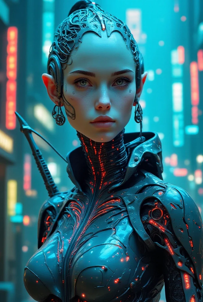 (best quality, 128k, highres, masterpiece:1.2), ultra-detailed, (realistic, photorealistic, photo-realistic:1.37), ((masterpiece)) ((photography)) ((highest quality)) A futuristic elf cyborg with a sleek, metallic body seamlessly integrated with organic elven features. Her elongated, pointed ears are intricately detailed, made of polished metal with glowing circuits running along their length, resembling delicate filigree. She has glowing, intricate cybernetic tattoos across her arms and face, vibrant luminous eyes, and a subtle, otherworldly glow. Her armor-like outfit combines advanced technology with elven elegance, featuring flowing details reminiscent of vines and ancient runes. She wields a high-tech bow emitting holographic energy. The background is a cyberpunk forest filled with glowing bioluminescent plants, neon-lit mist, and a starry night sky, blending nature and technology. The overall style is hyper-realistic and richly detailed.