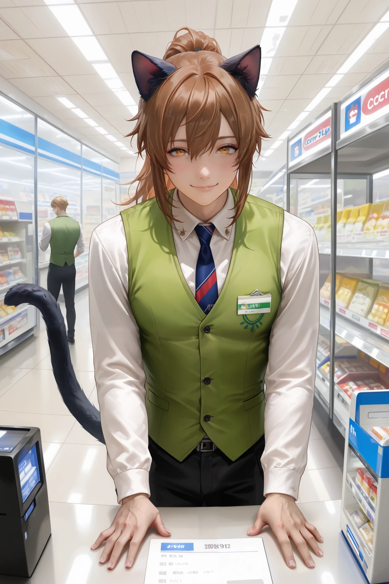masterpiece, best quality, detailed eyes, semi realistic, 8k, man, white shirt suit, jean, green vest, convenience store cashier, smile face, naughty, toned, counter, convenience store, ponytail brown hair, orange eye, cat ears, cat tail, solo charactor