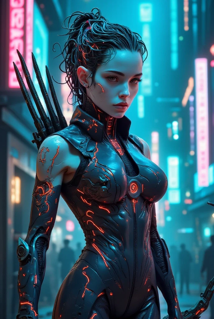 (best quality, 128k, highres, masterpiece:1.2), ultra-detailed, (realistic, photorealistic, photo-realistic:1.37), ((masterpiece)) ((photography)) ((highest quality)) A futuristic elf cyborg with a sleek, metallic body seamlessly integrated with organic elven features. ((Her very elongated, pointed ears are intricately detailed)), made of polished metal with glowing circuits running along their length, resembling delicate filigree. She has glowing, intricate cybernetic tattoos across her arms and face, vibrant luminous eyes, and a subtle, otherworldly glow. Her armor-like outfit combines advanced technology with elven elegance, featuring flowing details reminiscent of vines and ancient runes. She wields a high-tech bow emitting holographic energy. The background is a cyberpunk forest filled with glowing bioluminescent plants, neon-lit mist, and a starry night sky, blending nature and technology. The overall style is hyper-realistic and richly detailed.